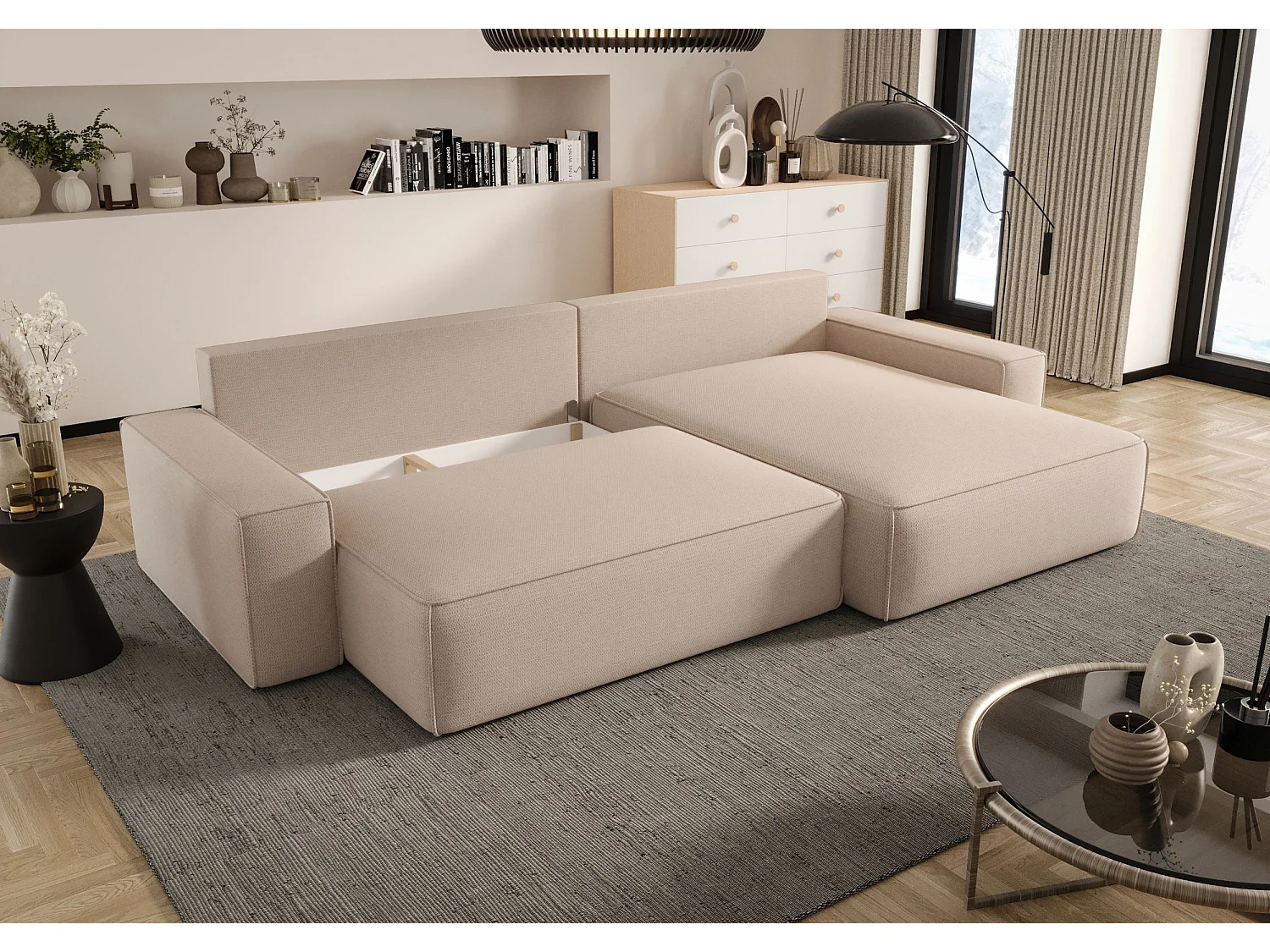 HOEKBANK MONA met slaapfunctie QUELLE 06 Beige Rechts L-vorm bank met opbergruimte, slaapbank, woonkamerbank