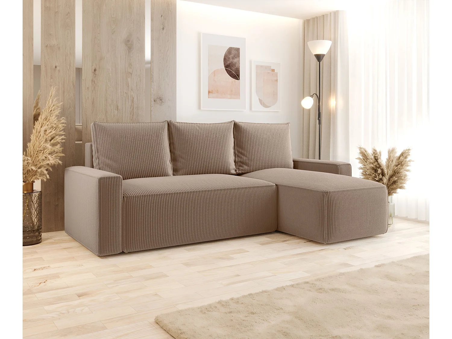 Hoekbank met slaapfunctie SAVIO Poso 02 lichtbruin rechts L-vormige bank met opbergruimte woonkamerbank, slaapbank, bank met opbergruimte