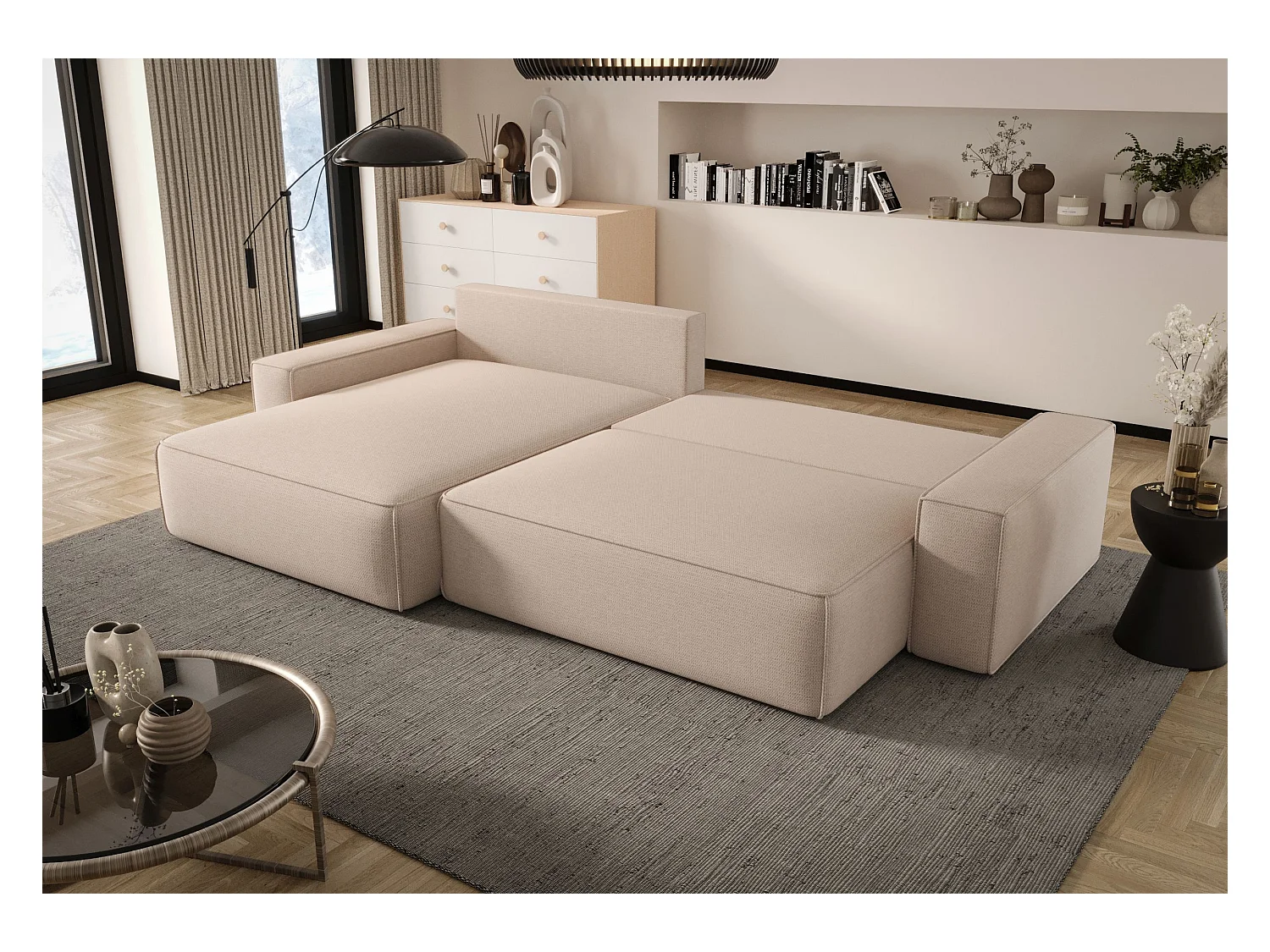 Narożnik MONA z funkcją spania POSO 03 jasnobrązowy lewy sofa w kształcie litery L z pojemnikiem na pościel kanapa do salonu sofa rozkładana