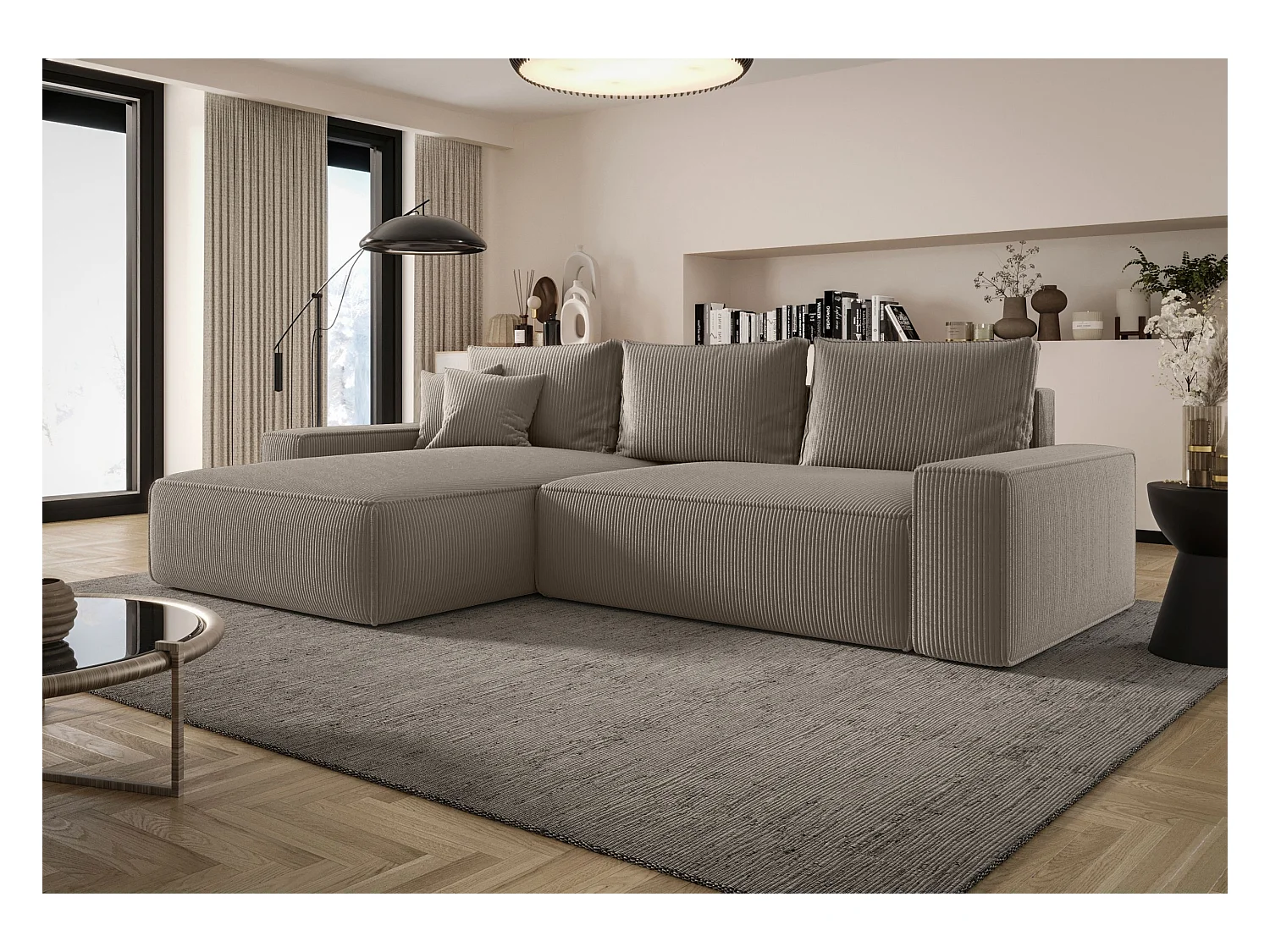 Narożnik MONA z funkcją spania POSO 03 jasnobrązowy lewy sofa w kształcie litery L z pojemnikiem na pościel kanapa do salonu sofa rozkładana