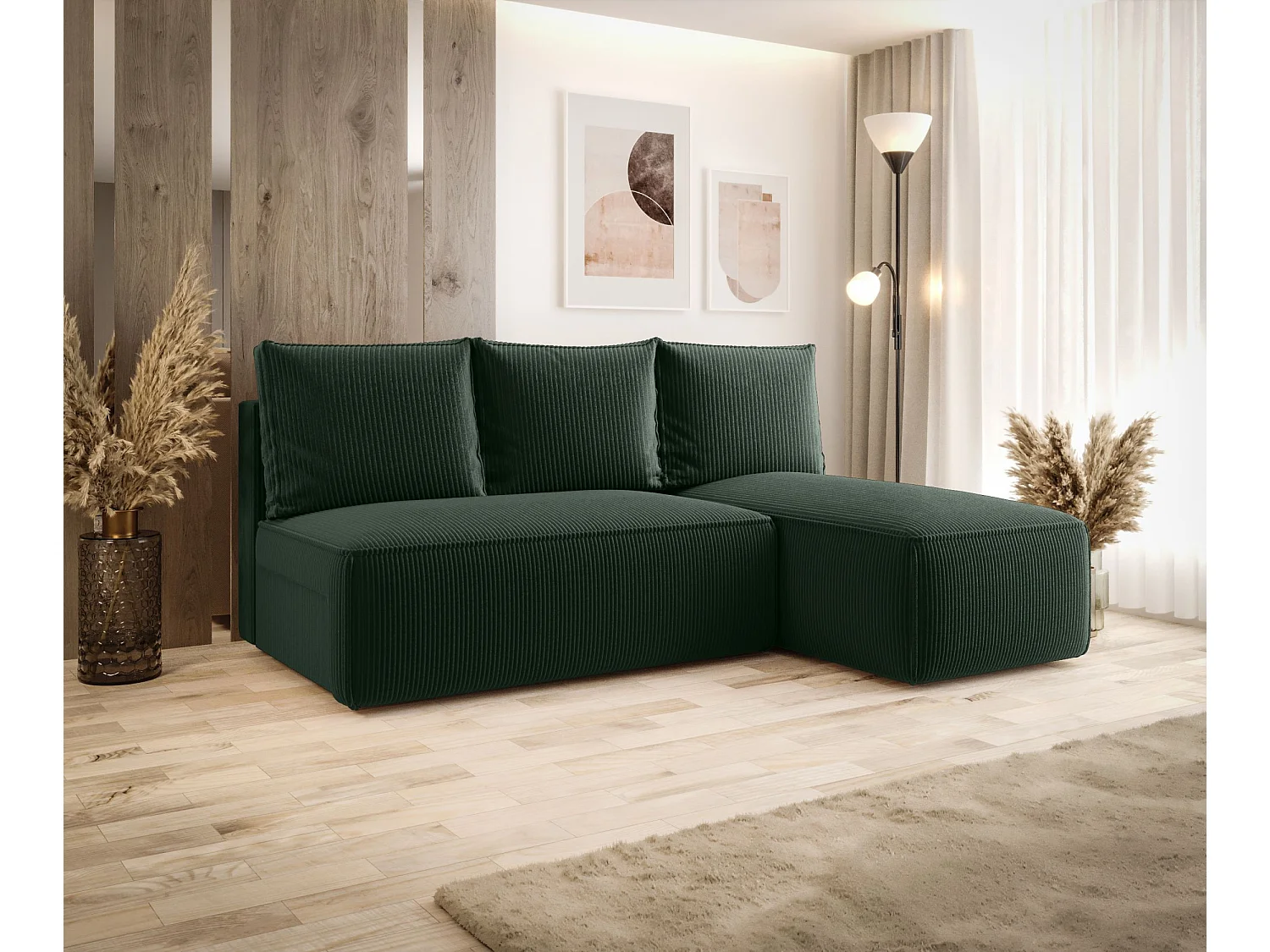 Narożnik z funkcją spania SAVIO MINI Poso 14 ciemnozielony prawy sofa w kształcie L z pojemnikiem na pościel sofa do salonu, sofa rozkładana, sofa z pojemnikiem