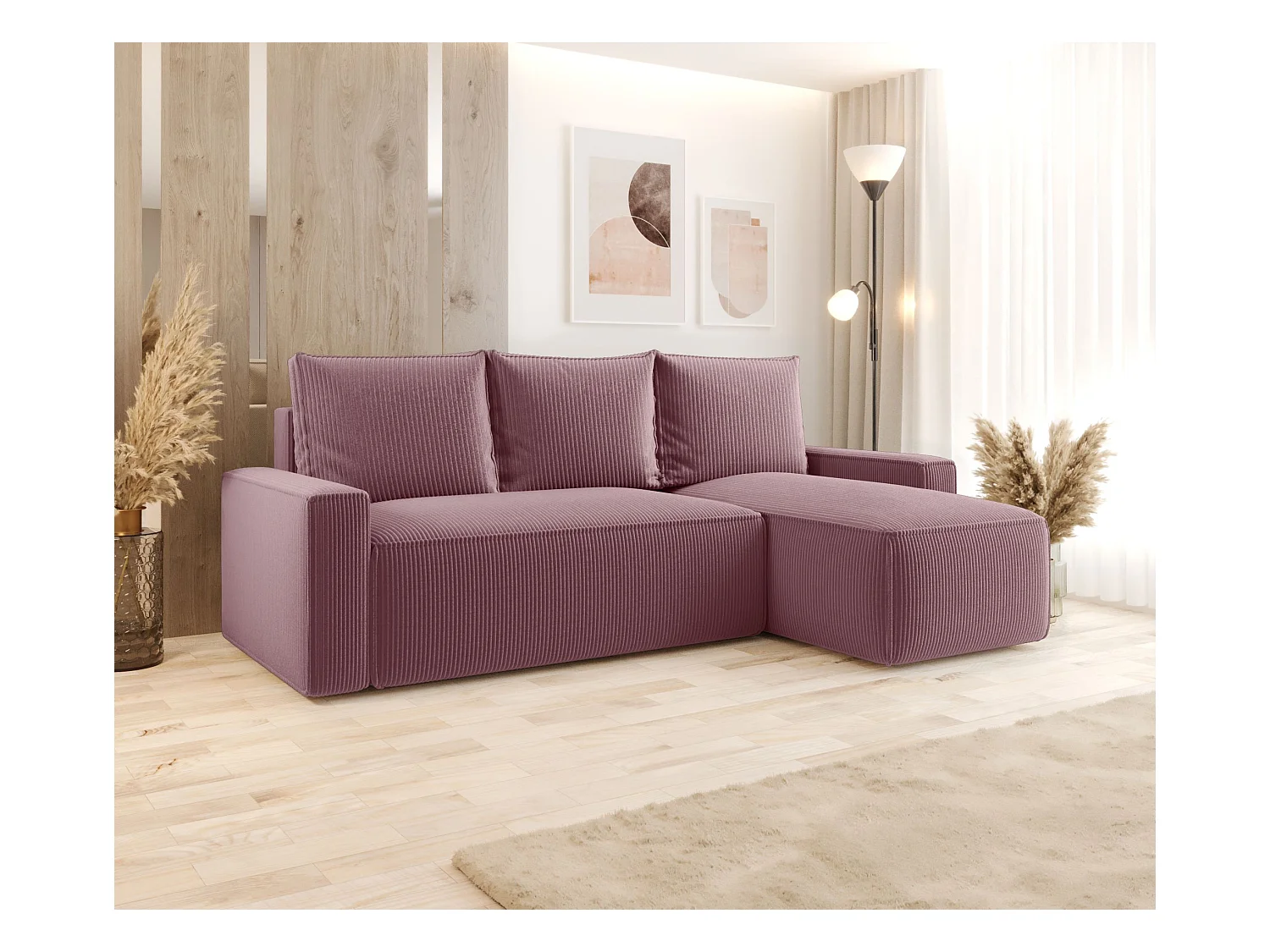 Hoekbank met slaapfunctie SAVIO Poso 130 paars rechts L-vormige bank met opbergruimte woonkamerbank, slaapbank, bank met opbergruimte