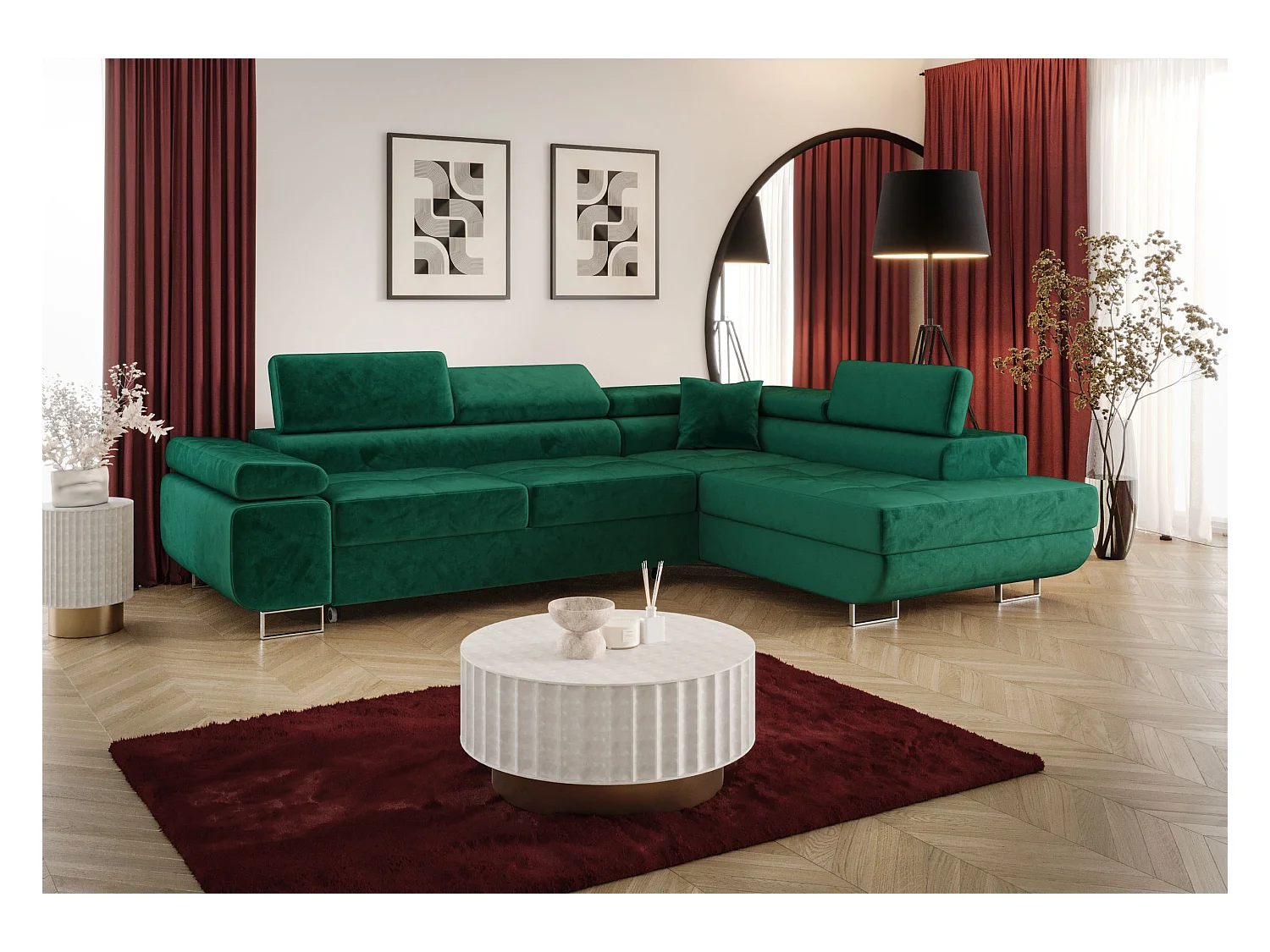 HOEKBANK EMILY met slaapfunctie Monolith 37 Groen Rechts L-vorm bank met opbergruimte, slaapbank, woonkamerbank