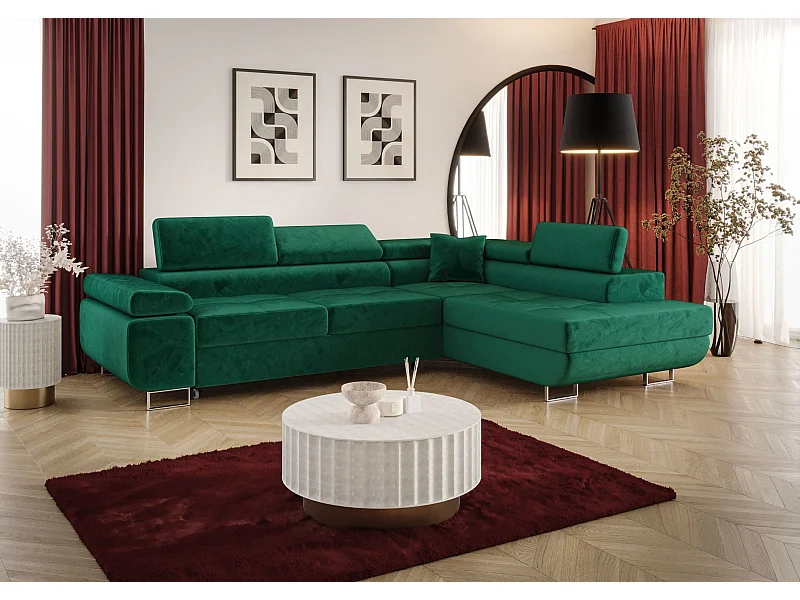 NAROŻNIK EMILY z funkcją spania Monolith 37 Zielony Prawy Sofa w kształcie L z pojemnikiem na pościel, sofa rozkładana, sofa do salonu