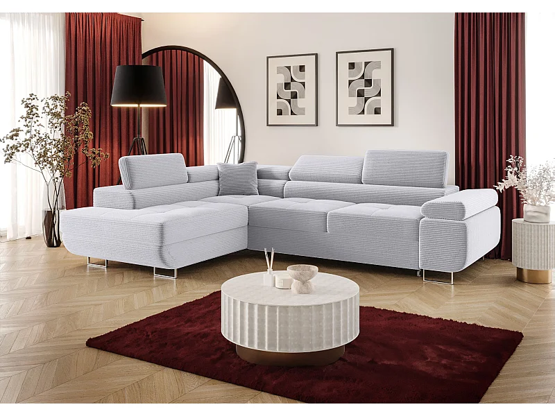 NAROŻNIK EMILY z funkcją spania Poso 110 Jasnoszary Lewy Sofa w kształcie L z pojemnikiem na pościel, sofa rozkładana, sofa do salonu