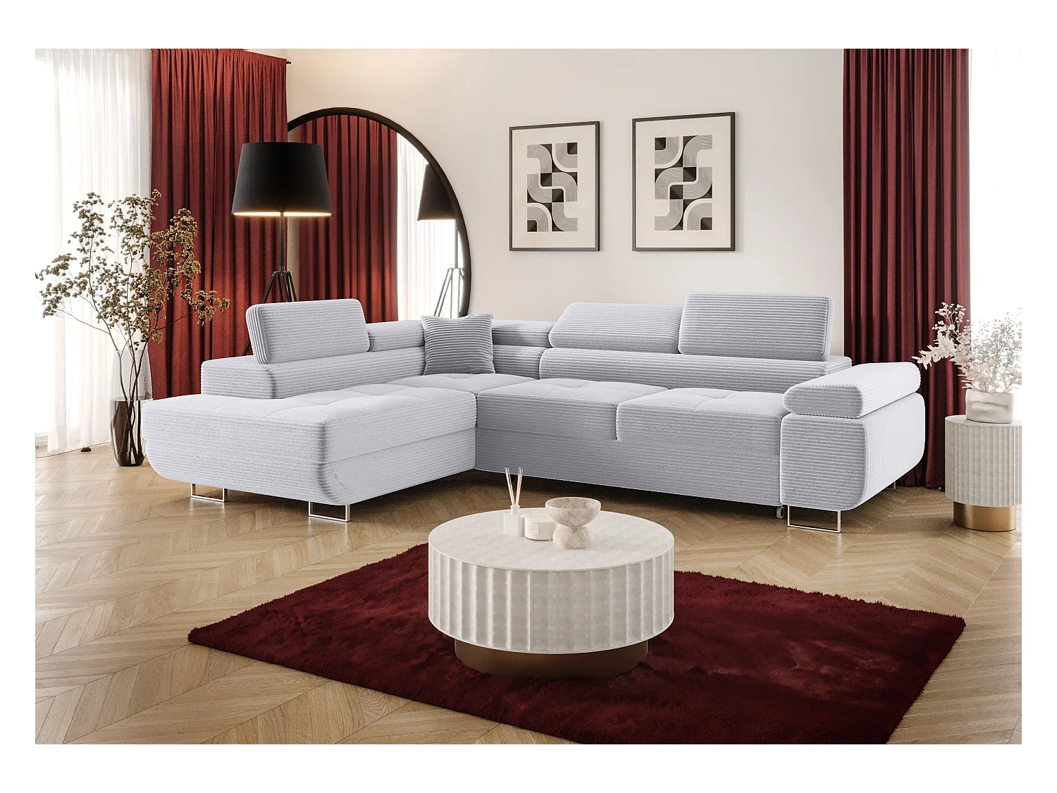 HOEKBANK EMILY met slaapfunctie Poso 110 Lichtgrijs Links L-vorm bank met opbergruimte, slaapbank, woonkamerbank