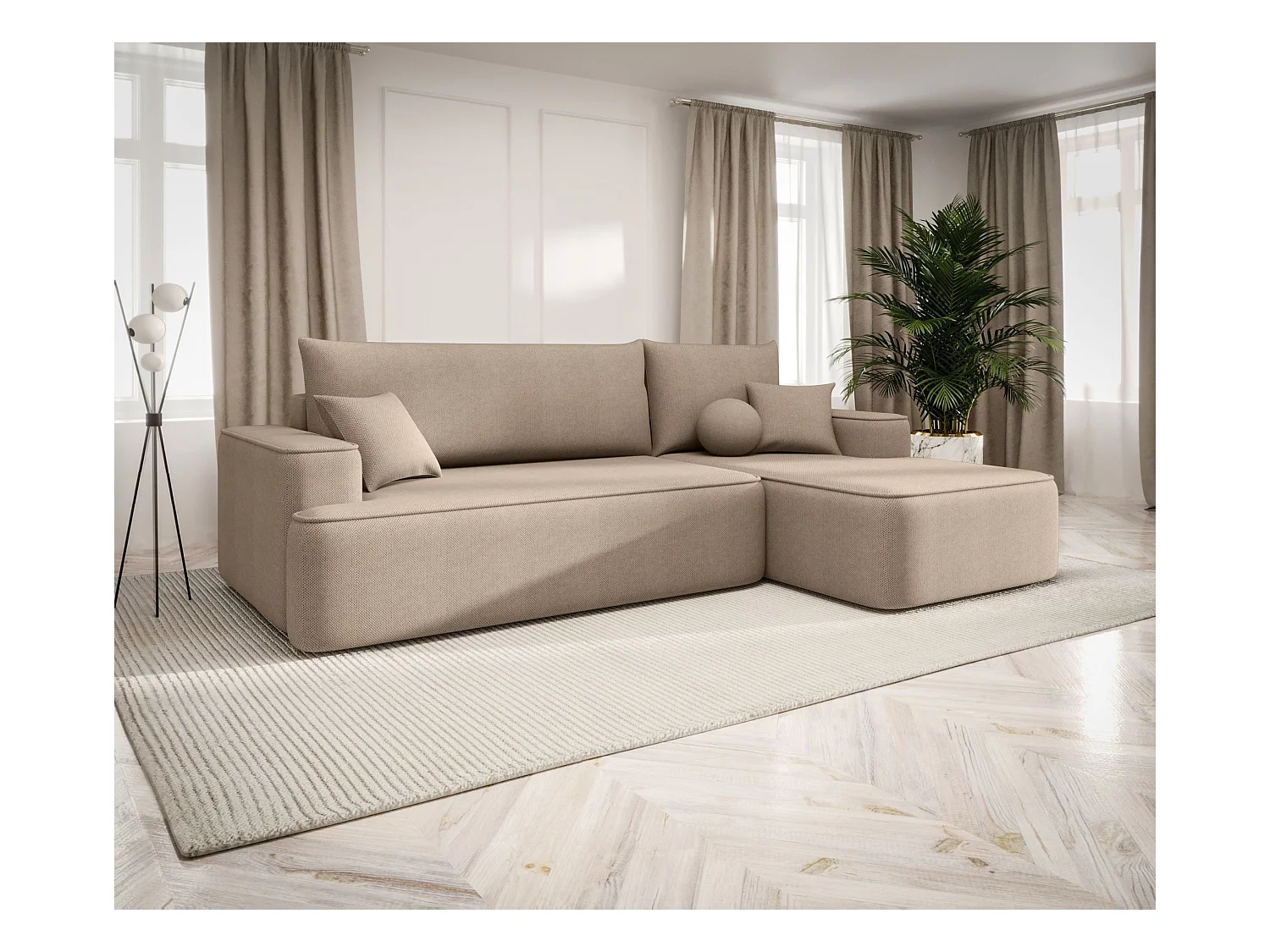 HOEKBANK FIGO met slaapfunctie Curio 15 Beige Rechts L-vorm bank met opbergruimte, slaapbank, woonkamerbank