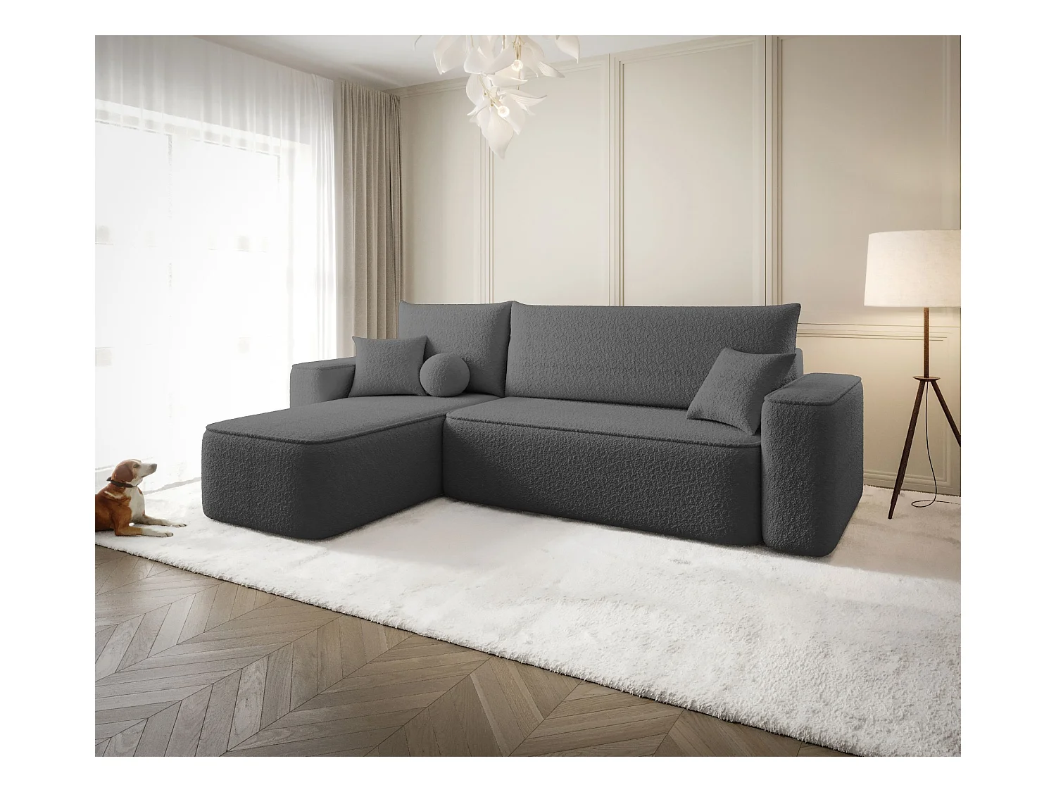 NAROŻNIK SENNO z funkcją spania Quelle 92 Ciemnoszary Lewy Sofa w kształcie L z pojemnikiem na pościel, sofa rozkładana, sofa do salonu