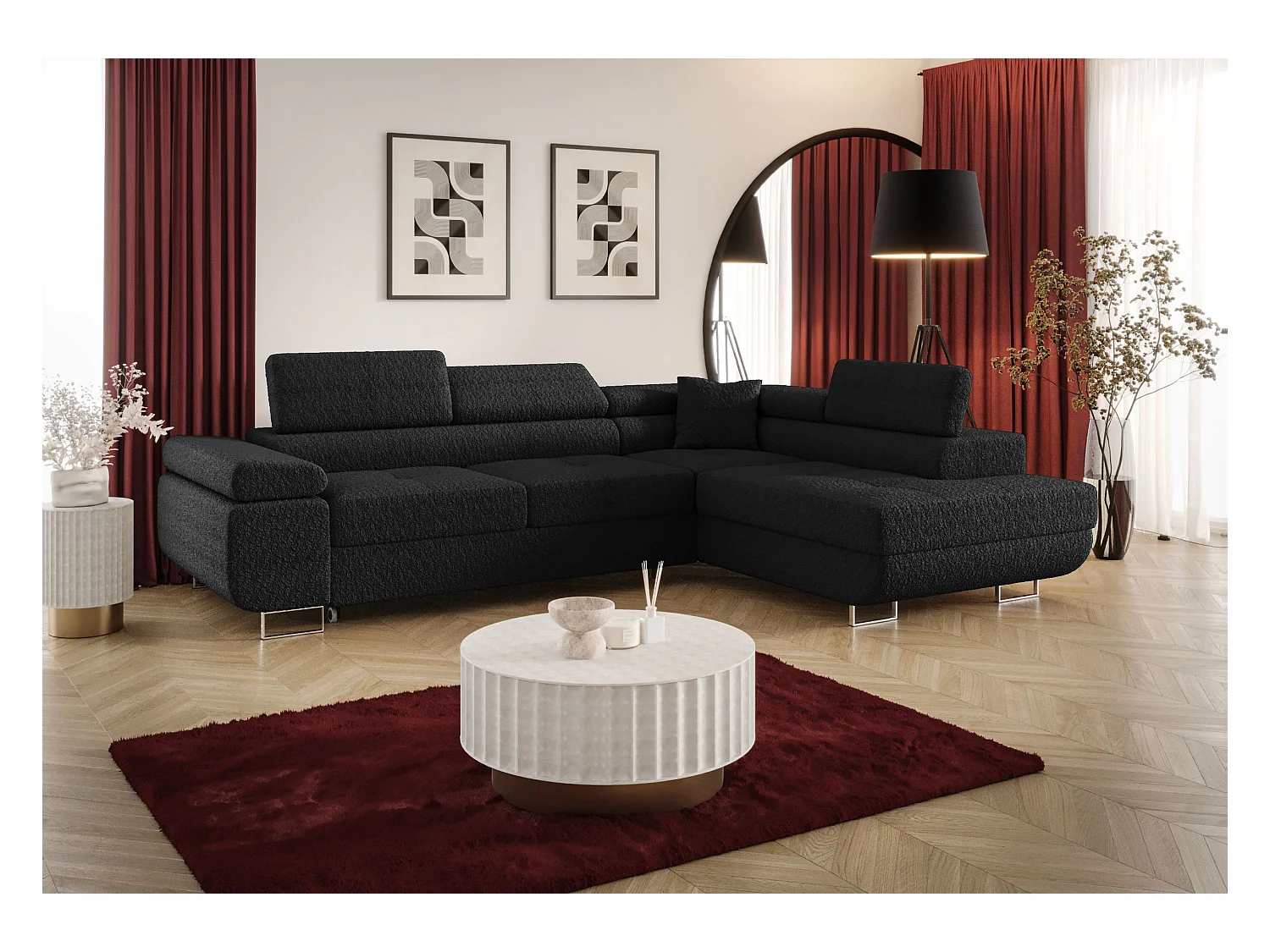 HOEKBANK EMILY met slaapfunctie Quelle 100 Zwart Rechts L-vorm bank met opbergruimte, slaapbank, woonkamerbank