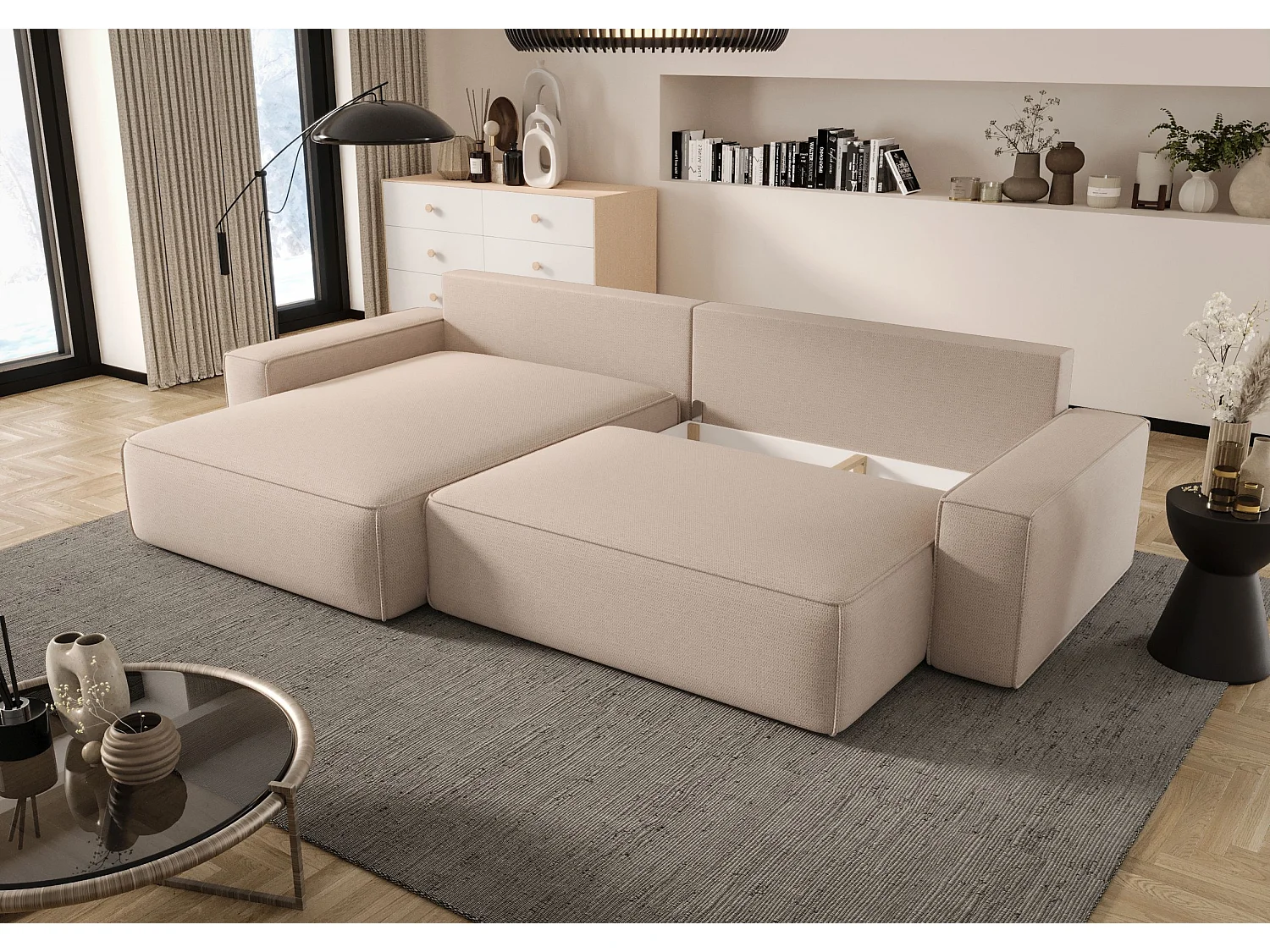 Narożnik MONA z funkcją spania POSO 14 ciemnozielony lewy sofa w kształcie litery L z pojemnikiem na pościel kanapa do salonu sofa rozkładana