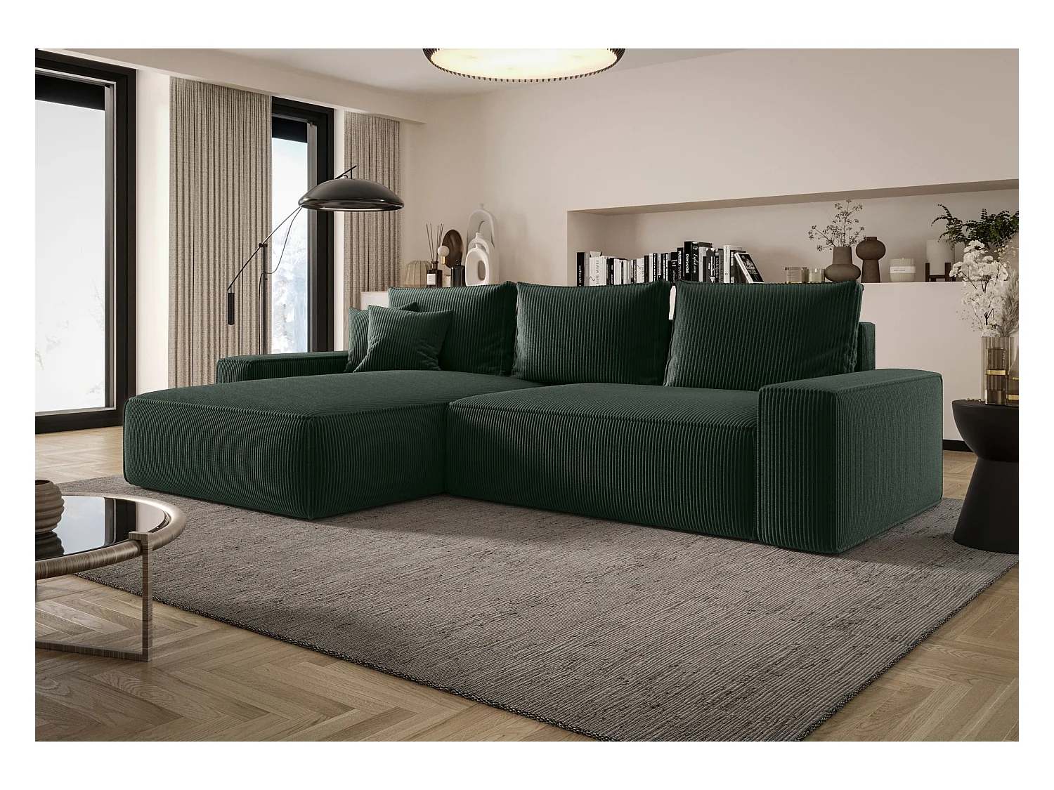 Narożnik MONA z funkcją spania POSO 14 ciemnozielony lewy sofa w kształcie litery L z pojemnikiem na pościel kanapa do salonu sofa rozkładana