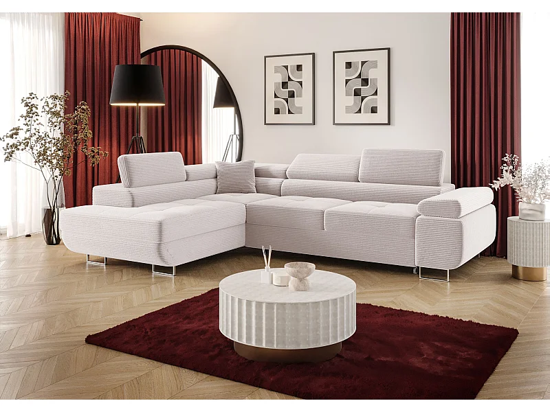 NAROŻNIK EMILY z funkcją spania Poso 100 Ecru Lewy Sofa w kształcie L z pojemnikiem na pościel, sofa rozkładana, sofa do salonu