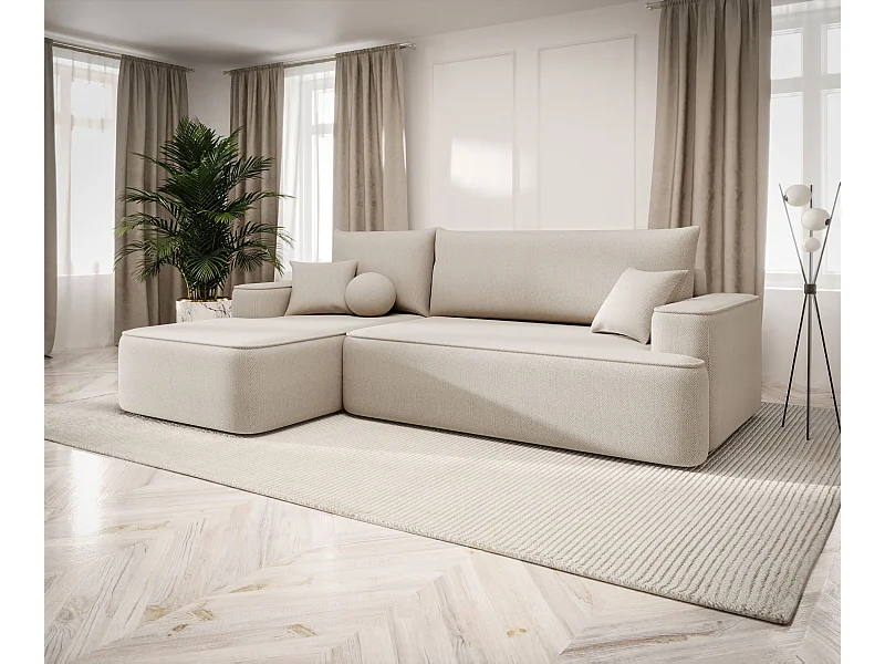 NAROŻNIK FIGO z funkcją spania Curio 09 Ecru Lewy Sofa w kształcie L z pojemnikiem na pościel, sofa rozkładana, sofa do salonu