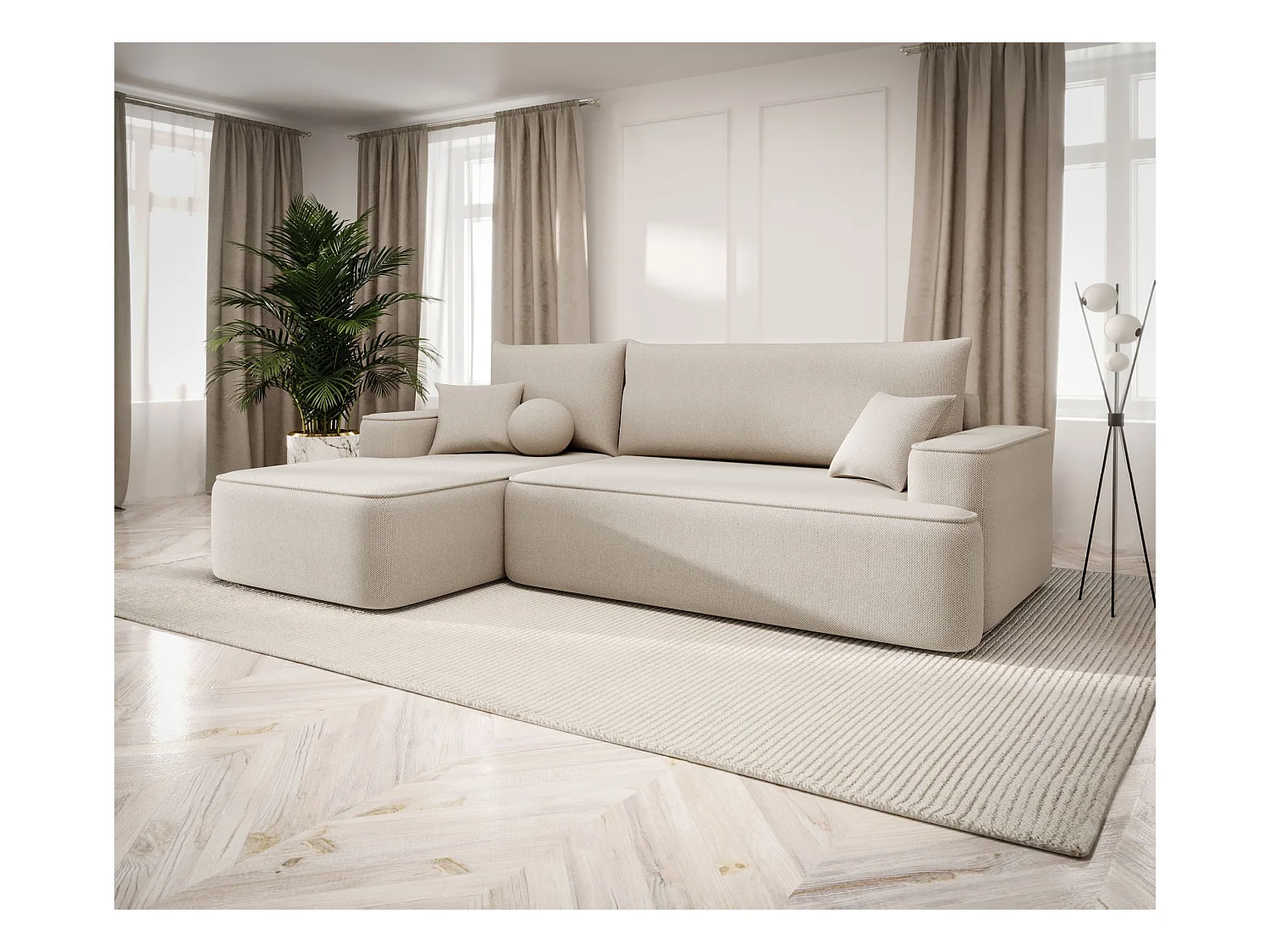 NAROŻNIK FIGO z funkcją spania Curio 09 Ecru Lewy Sofa w kształcie L z pojemnikiem na pościel, sofa rozkładana, sofa do salonu