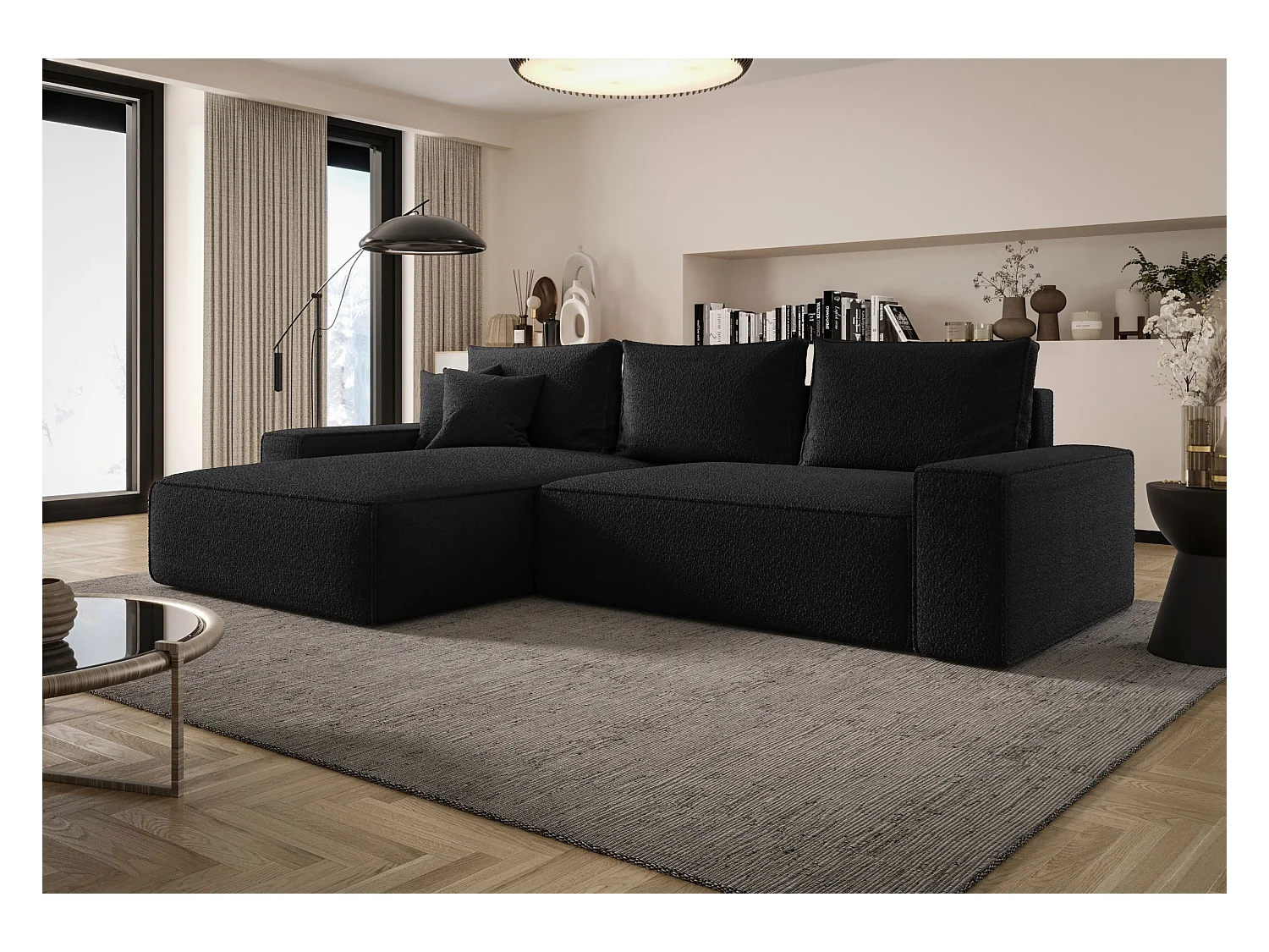 NAROŻNIK MONA z funkcją spania QUELLE 100 Czarny Lewy Sofa w kształcie L z pojemnikiem na pościel, sofa rozkładana, sofa do salonu