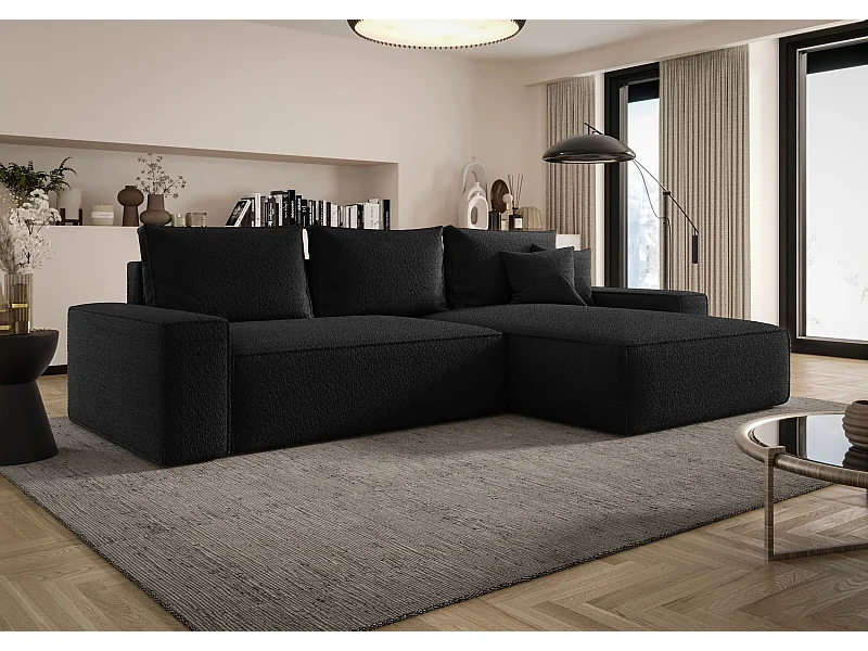 NAROŻNIK MONA z funkcją spania QUELLE 100 Czarny Prawy Sofa w kształcie L z pojemnikiem na pościel, sofa rozkładana, sofa do salonu