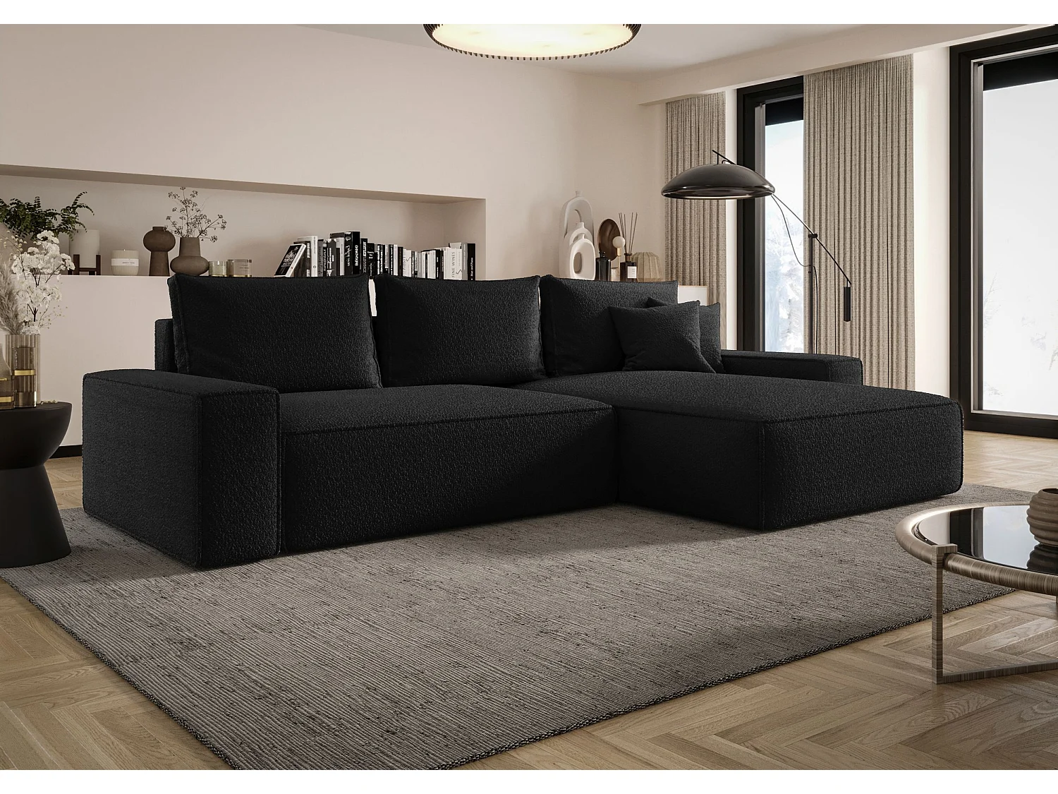 NAROŻNIK MONA z funkcją spania QUELLE 100 Czarny Prawy Sofa w kształcie L z pojemnikiem na pościel, sofa rozkładana, sofa do salonu