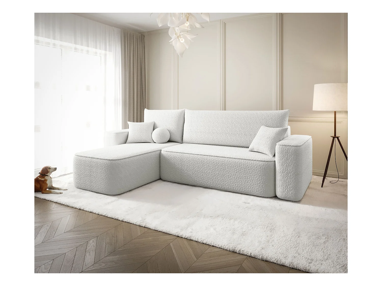 NAROŻNIK SENNO z funkcją spania Quelle 01 Biały Lewy Sofa w kształcie L z pojemnikiem na pościel, sofa rozkładana, sofa do salonu