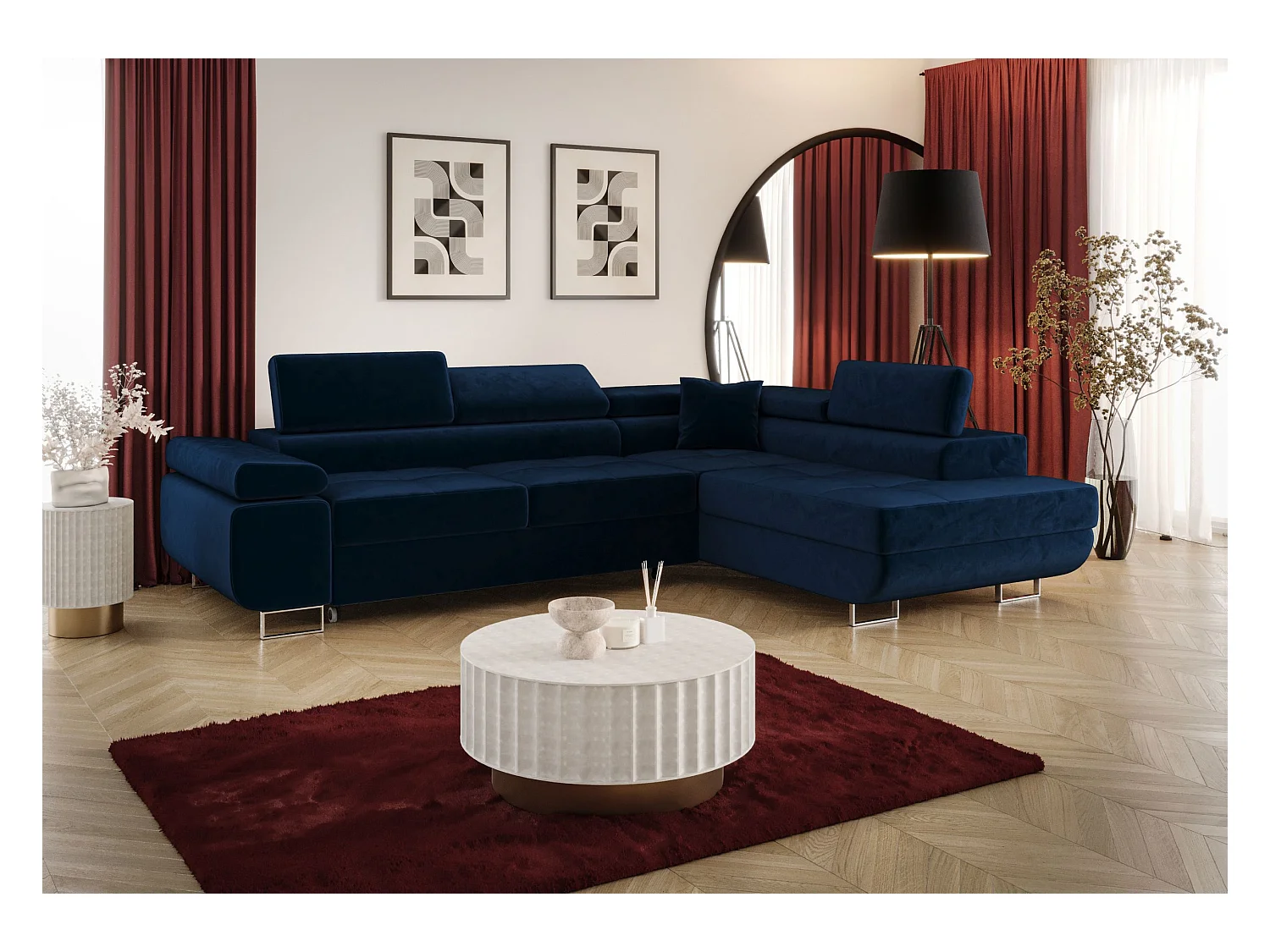 HOEKBANK EMILY met slaapfunctie Monolith 77 Donkerblauw Rechts L-vorm bank met opbergruimte, slaapbank, woonkamerbank