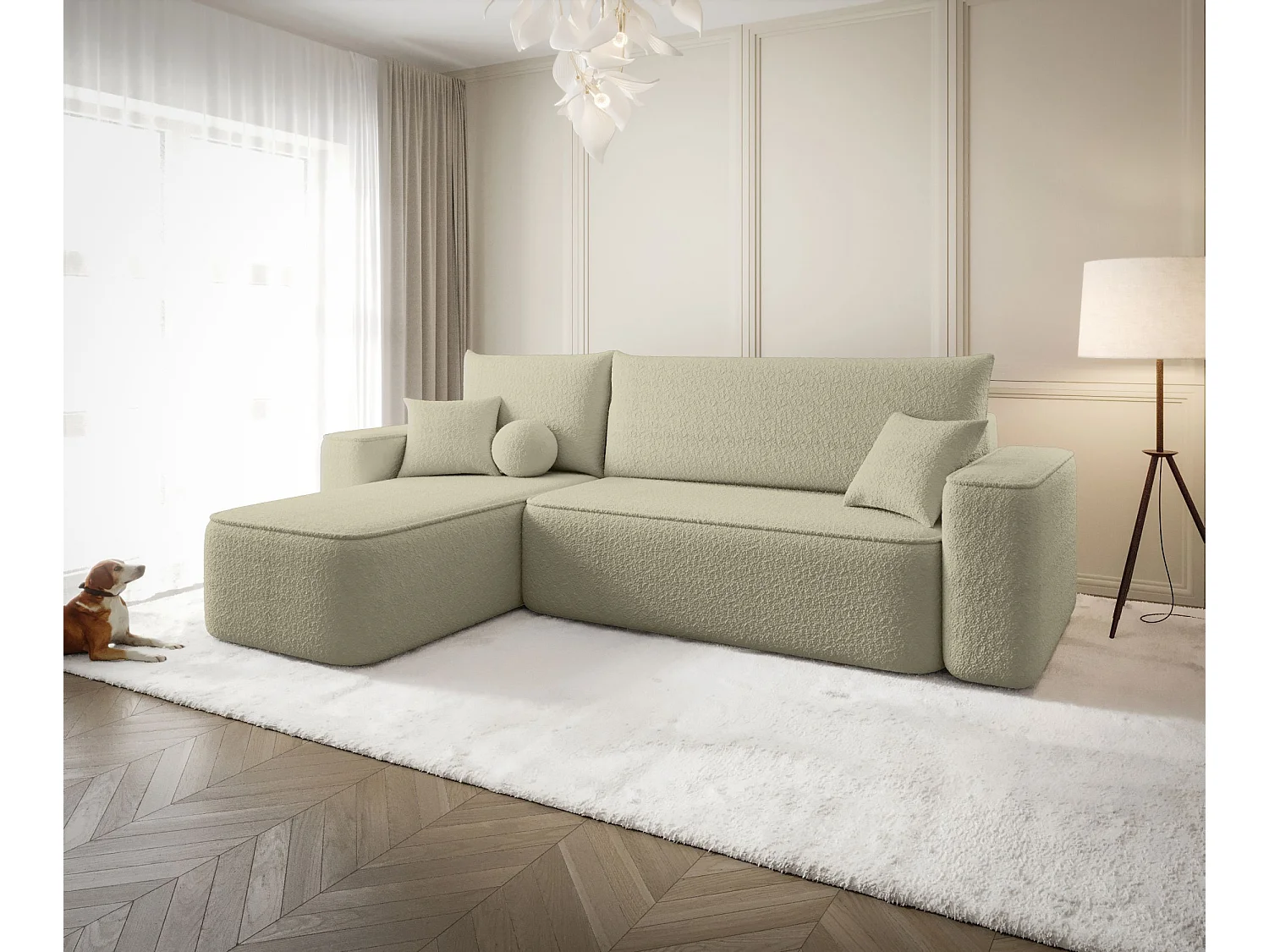 NAROŻNIK SENNO z funkcją spania Quelle 06 Beżowy Lewy Sofa w kształcie L z pojemnikiem na pościel, sofa rozkładana, sofa do salonu