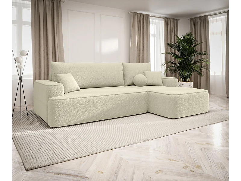 NAROŻNIK FIGO z funkcją spania Quelle 02 Ecru Prawy Sofa w kształcie L z pojemnikiem na pościel, sofa rozkładana, sofa do salonu