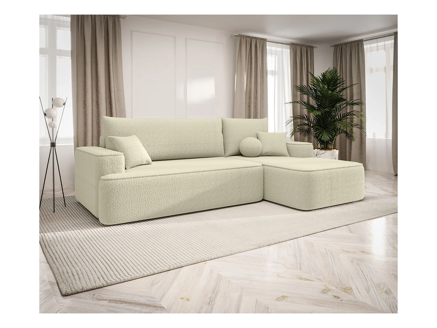 NAROŻNIK FIGO z funkcją spania Quelle 02 Ecru Prawy Sofa w kształcie L z pojemnikiem na pościel, sofa rozkładana, sofa do salonu