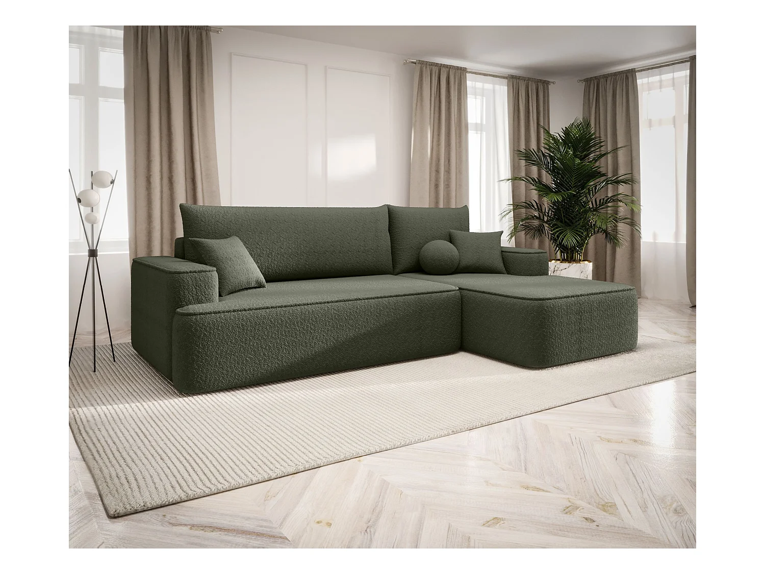 NAROŻNIK FIGO z funkcją spania Quelle 37 Ciemnozielony Prawy Sofa w kształcie L z pojemnikiem na pościel, sofa rozkładana, sofa do salonu