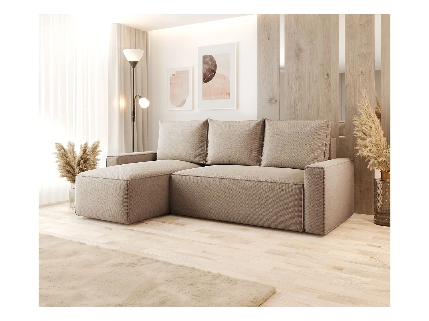 Hoekbank met slaapfunctie SAVIO Curio 15 beige links L-vormige bank met opbergruimte woonkamerbank, slaapbank, bank met opbergruimte