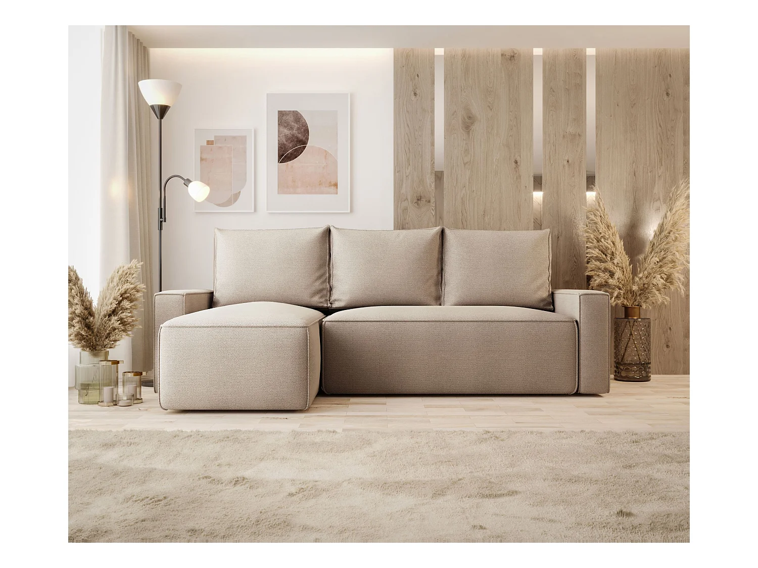 Hoekbank met slaapfunctie SAVIO Curio 15 beige links L-vormige bank met opbergruimte woonkamerbank, slaapbank, bank met opbergruimte