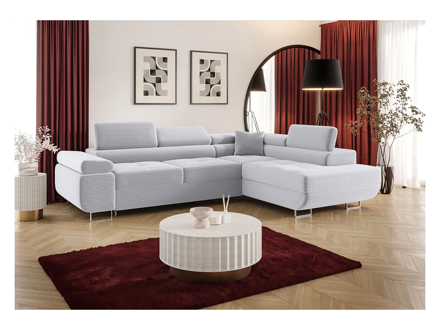 HOEKBANK EMILY met slaapfunctie Poso 110 Lichtgrijs Rechts L-vorm bank met opbergruimte, slaapbank, woonkamerbank