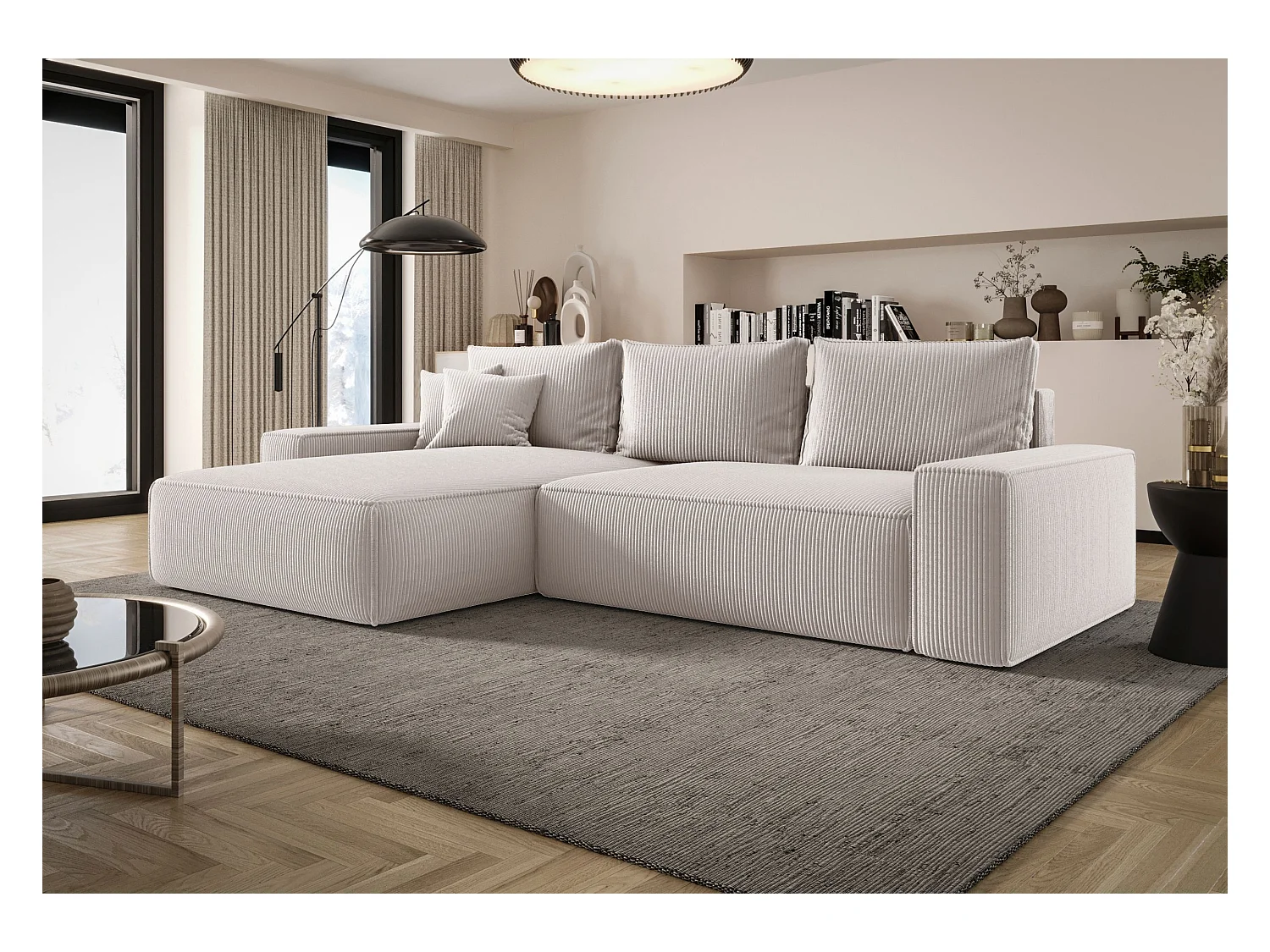 Narożnik MONA z funkcją spania POSO 100 ecru lewy sofa w kształcie litery L z pojemnikiem na pościel kanapa do salonu sofa rozkładana