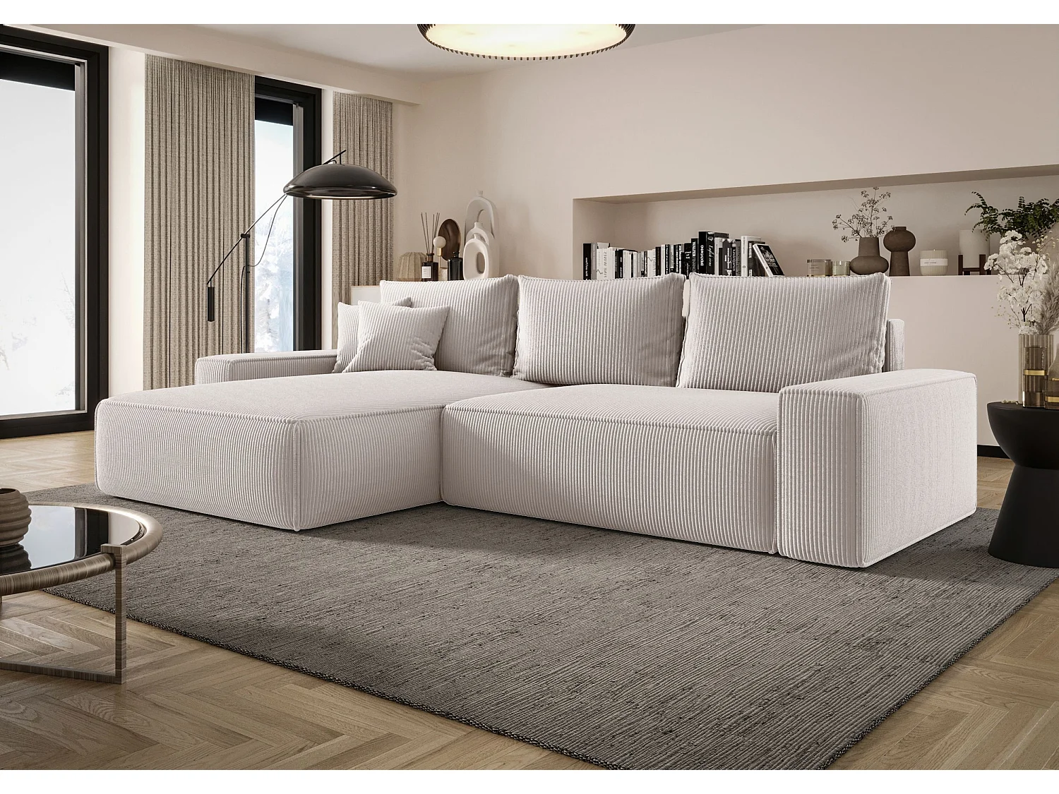 ECKSOFA MONA mit Schlaffunktion POSO 100 Ecru Links L-Form Sofa mit Stauraum Bettkasten Wohnzimmersofa Couch Sofa Bettsofa Bettkasten Bettcouch