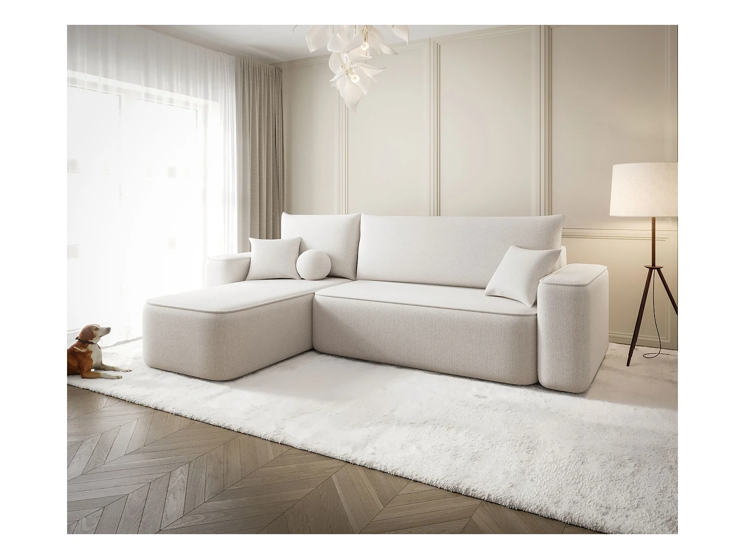 NAROŻNIK SENNO z funkcją spania Curio 02 Kremowy Lewy Sofa w kształcie L z pojemnikiem na pościel, sofa rozkładana, sofa do salonu