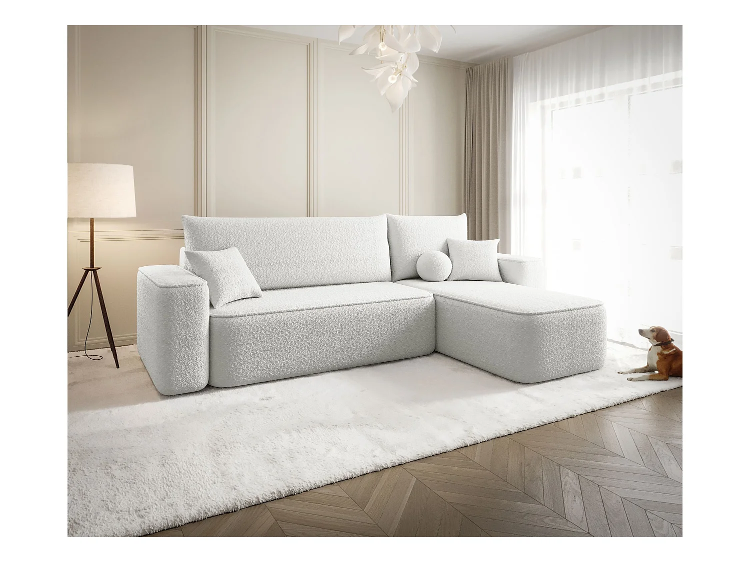 NAROŻNIK SENNO z funkcją spania Quelle 01 Biały Prawy Sofa w kształcie L z pojemnikiem na pościel, sofa rozkładana, sofa do salonu