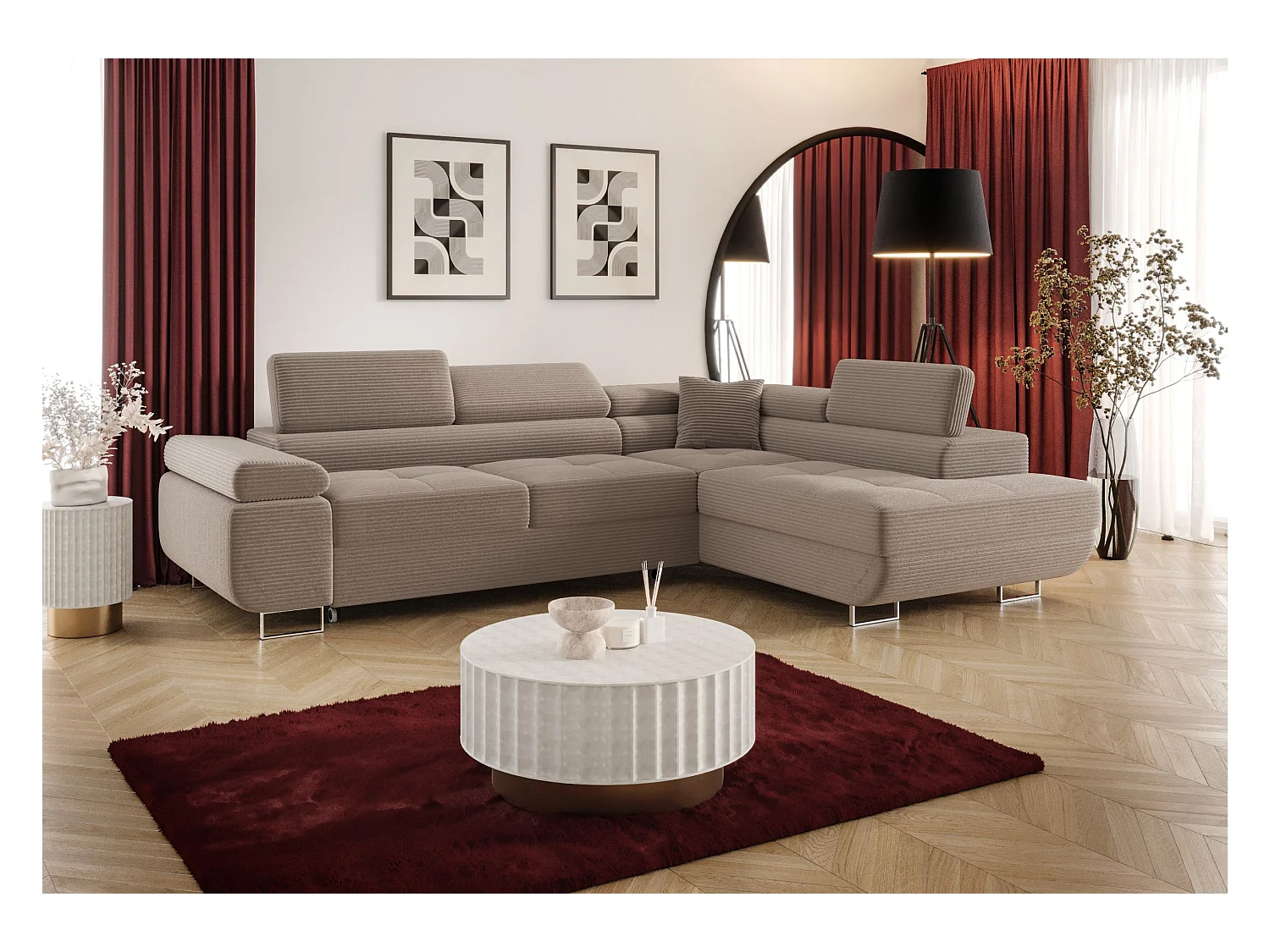 HOEKBANK EMILY met slaapfunctie Poso 02 Lichtbruin Rechts L-vorm bank met opbergruimte, slaapbank, woonkamerbank