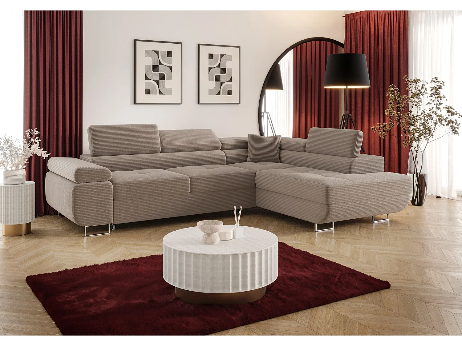 ECKSOFA EMILY mit Schlaffunktion Poso 02 Hellbraun Rechts L-Form Sofa mit Stauraum Bettkasten Wohnzimmersofa Couch Sofa Bettsofa Bettkasten Bettcouch