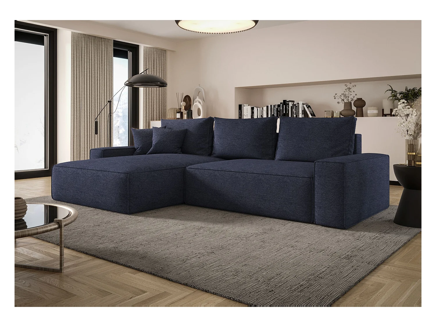 Hoekbank MONA met slaapfunctie ARAGON 79 donkerblauw links L-vormige bank met opbergruimte woonkamerbank slaapbank met opbergruimte