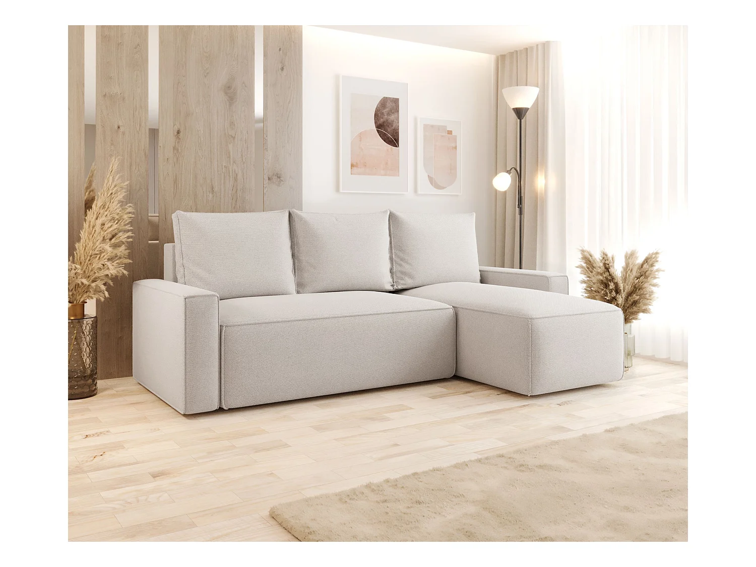 Hoekbank met slaapfunctie SAVIO Curio 02 crème rechts L-vormige bank met opbergruimte woonkamerbank, slaapbank, bank met opbergruimte