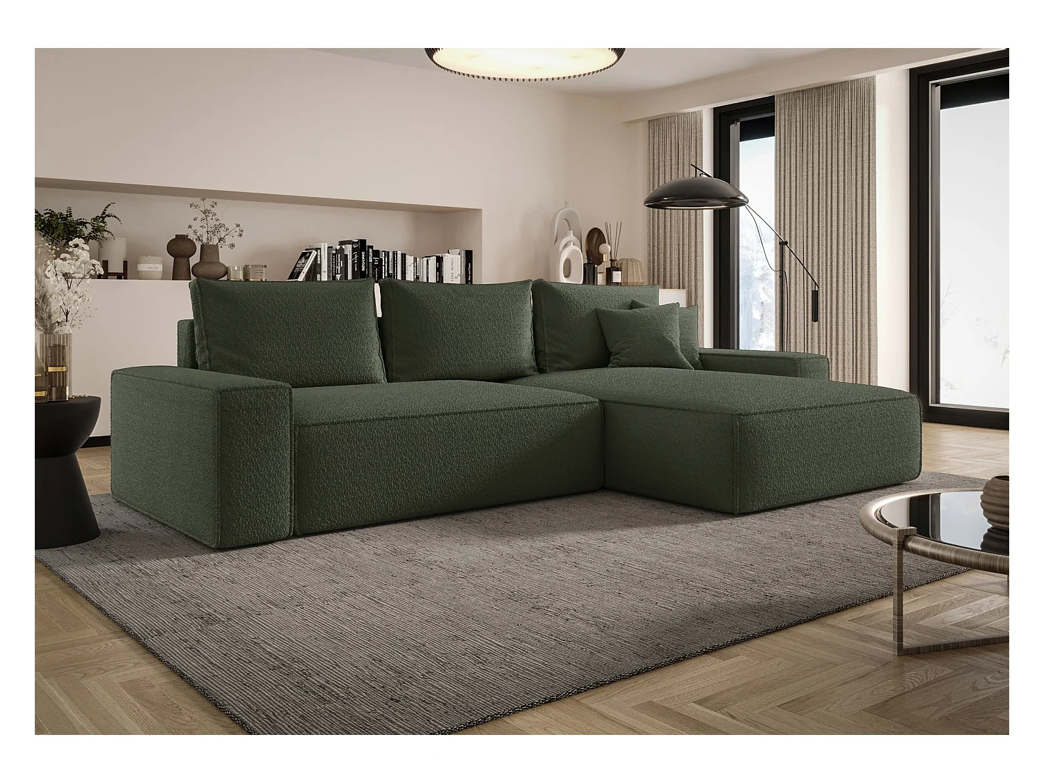 NAROŻNIK MONA z funkcją spania QUELLE 37 Ciemnozielony Prawy Sofa w kształcie L z pojemnikiem na pościel, sofa rozkładana, sofa do salonu