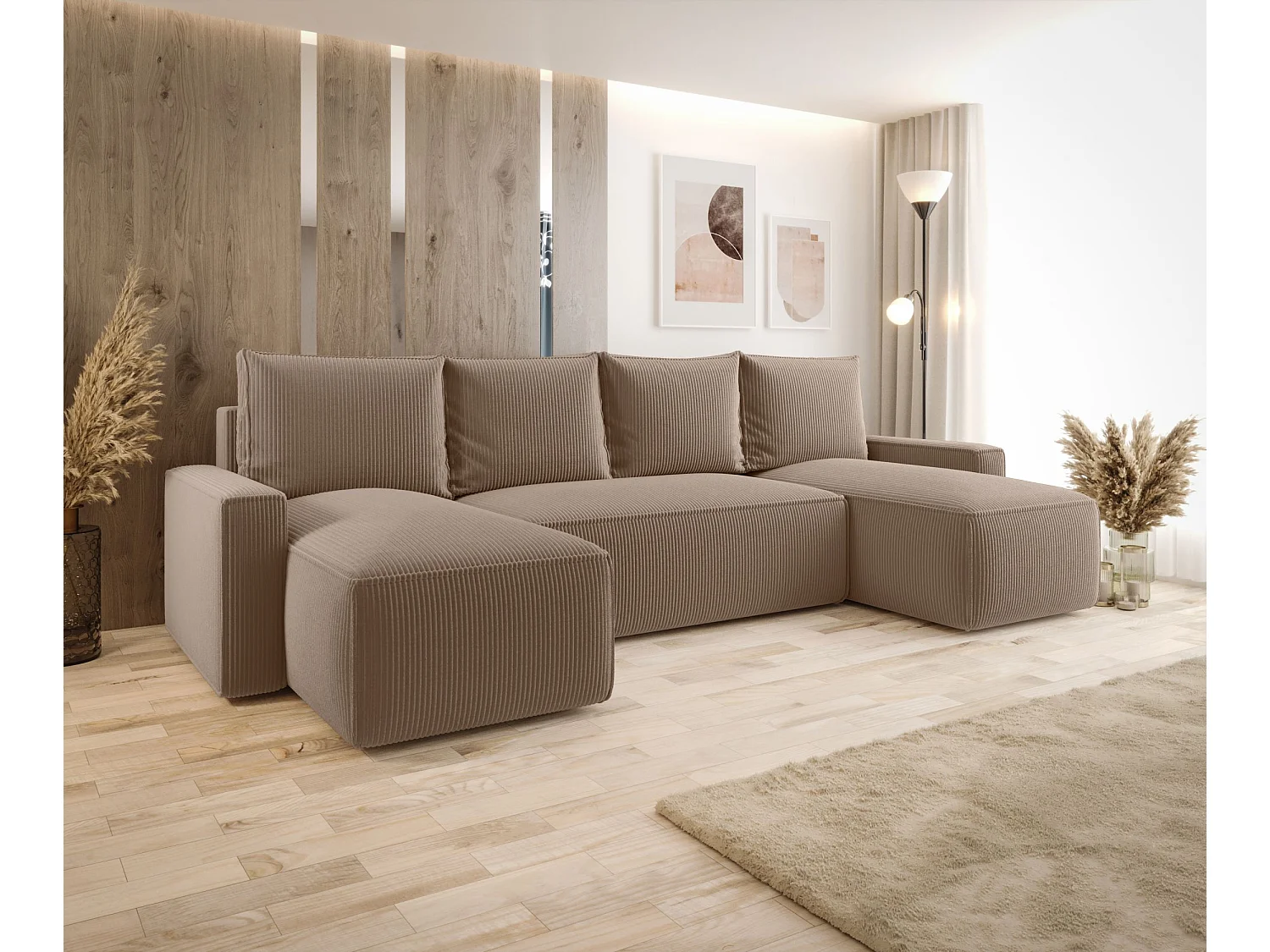 Narożnik z funkcją spania SAVIO U Poso 02 jasnobrązowy U-Form Sofa z pojemnikiem na pościel sofa do salonu, sofa rozkładana, sofa z pojemnikiem