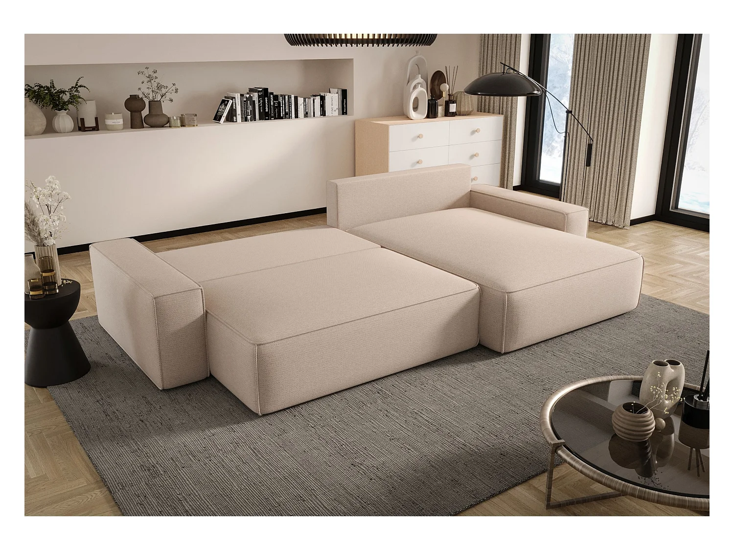 Narożnik MONA z funkcją spania ARAGON 03 beżowy prawy sofa w kształcie litery L z pojemnikiem na pościel sofa do salonu kanapa sofa rozkładana kanapa z pojemnikiem
