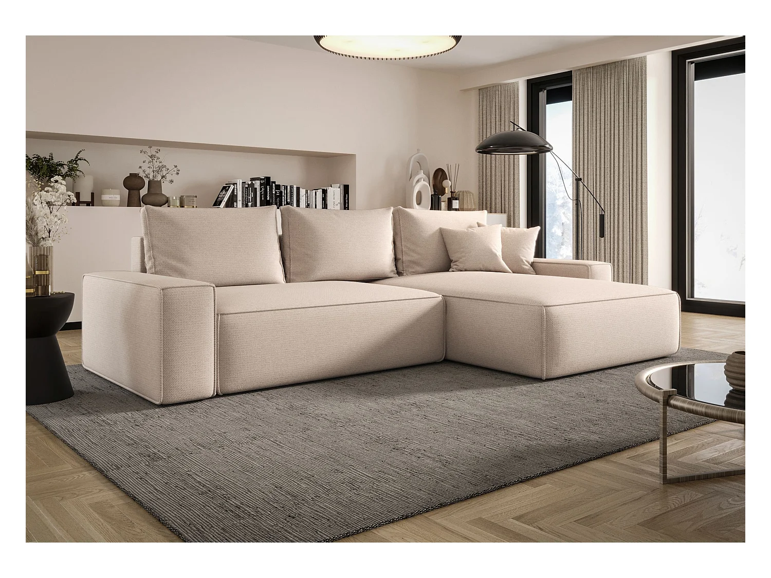 Hoekbank MONA met slaapfunctie ARAGON 03 beige rechts L-vormige bank met opbergruimte woonkamerbank slaapbank met opbergruimte