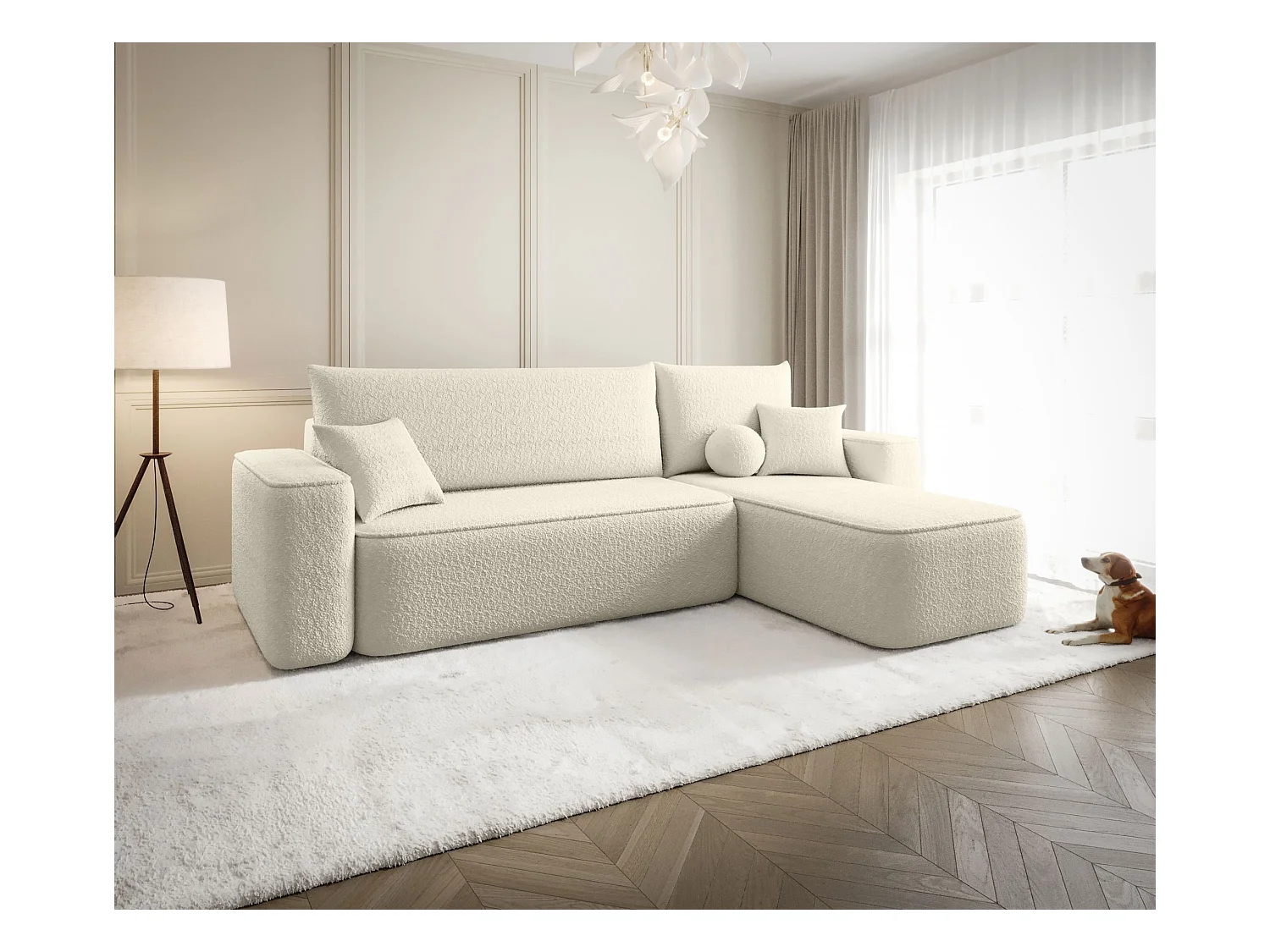 NAROŻNIK SENNO z funkcją spania Quelle 03 Beżowy Prawy Sofa w kształcie L z pojemnikiem na pościel, sofa rozkładana, sofa do salonu