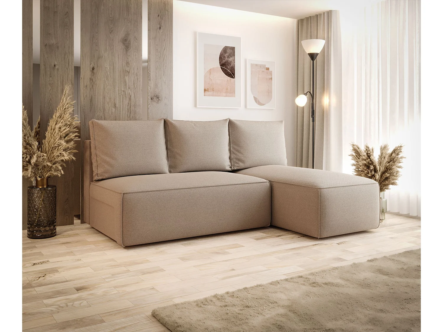 ECKSOFA mit Schlaffunktion SAVIO MINI Curio 15 Beige Rechts L-Form Sofa mit Stauraum Bettkasten Wohnzimmersofa Couch Sofa Bettsofa Bettkasten Bettcouch