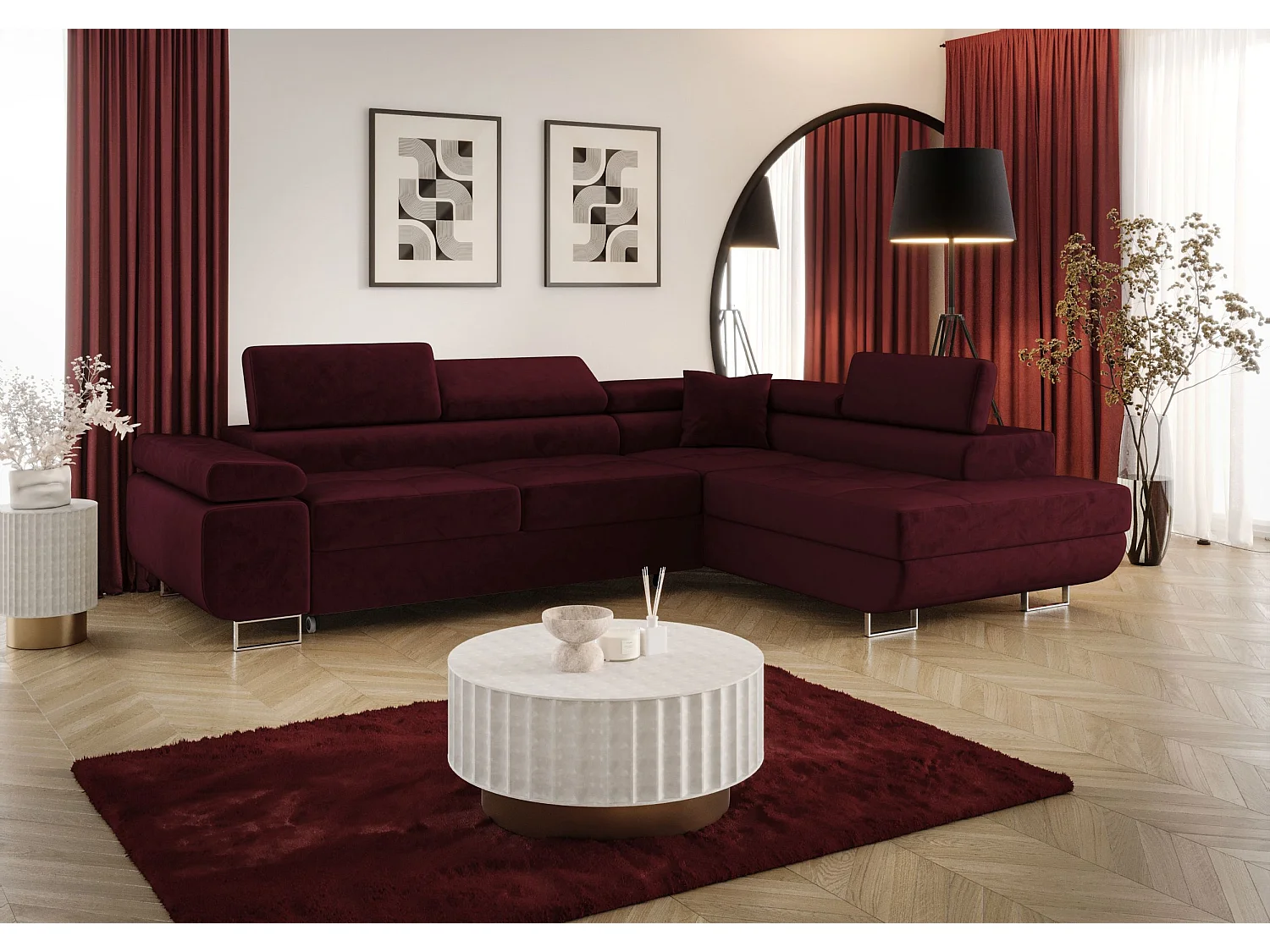 ECKSOFA EMILY mit Schlaffunktion Monolith 69 Rot Rechts L-Form Sofa mit Stauraum Bettkasten Wohnzimmersofa Couch Sofa Bettsofa Bettkasten Bettcouch