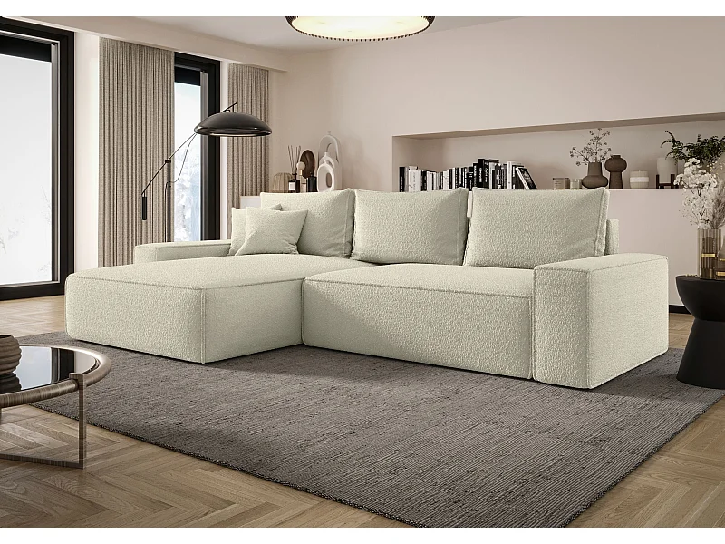 NAROŻNIK MONA z funkcją spania QUELLE 03 Beżowy Lewy Sofa w kształcie L z pojemnikiem na pościel, sofa rozkładana, sofa do salonu