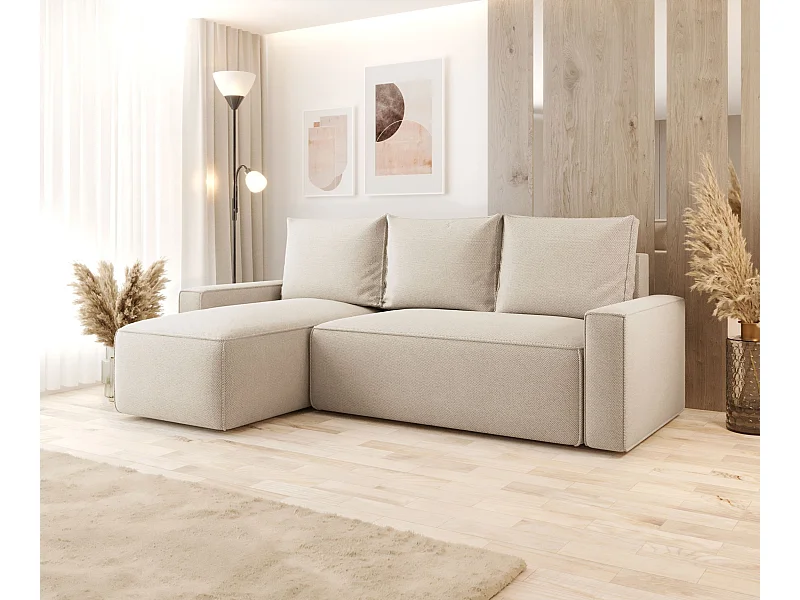 Narożnik z funkcją spania SAVIO Curio 09 ecru lewy sofa w kształcie L z pojemnikiem na pościel sofa do salonu, sofa rozkładana, sofa z pojemnikiem