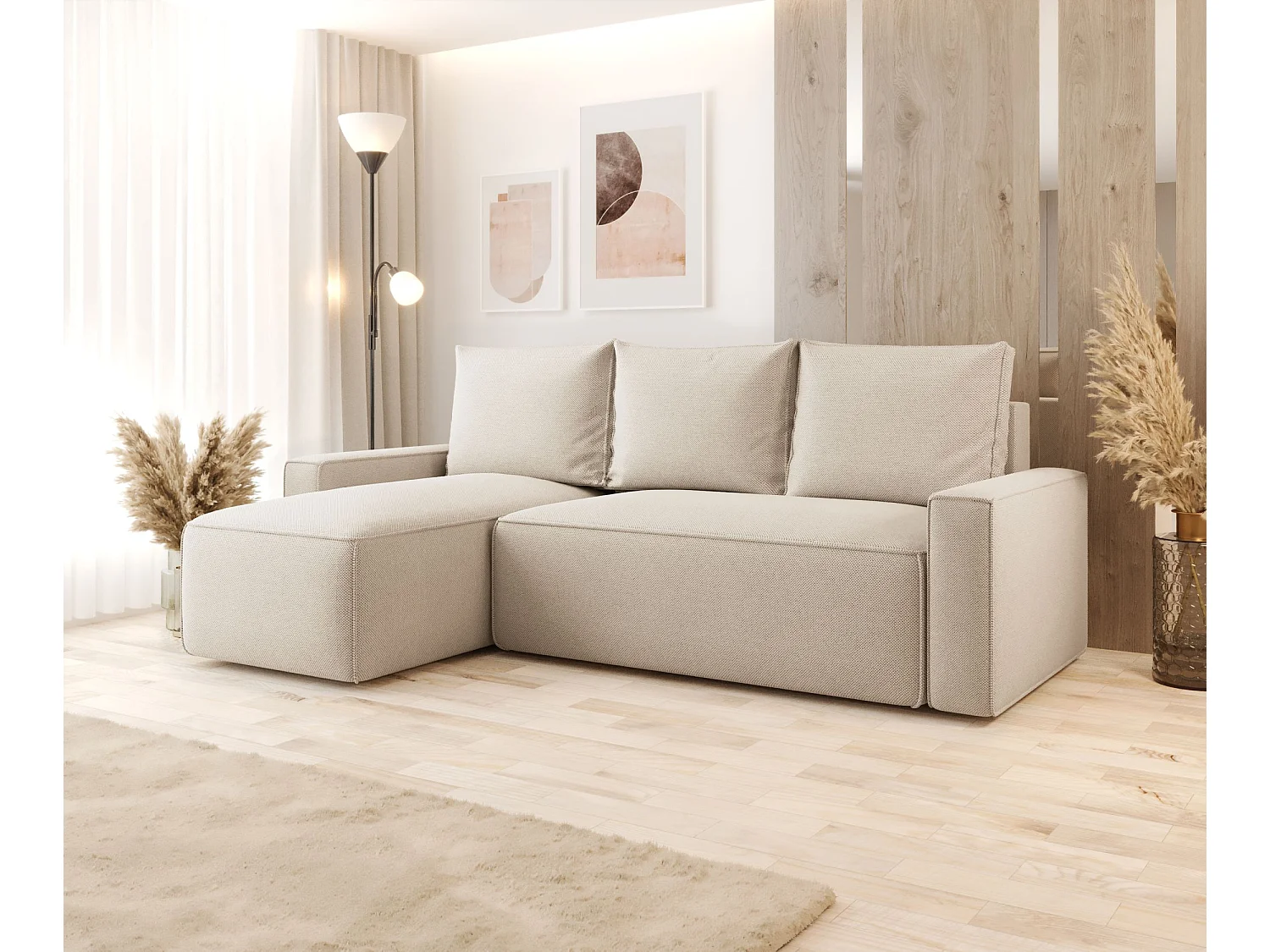 Narożnik z funkcją spania SAVIO Curio 09 ecru lewy sofa w kształcie L z pojemnikiem na pościel sofa do salonu, sofa rozkładana, sofa z pojemnikiem