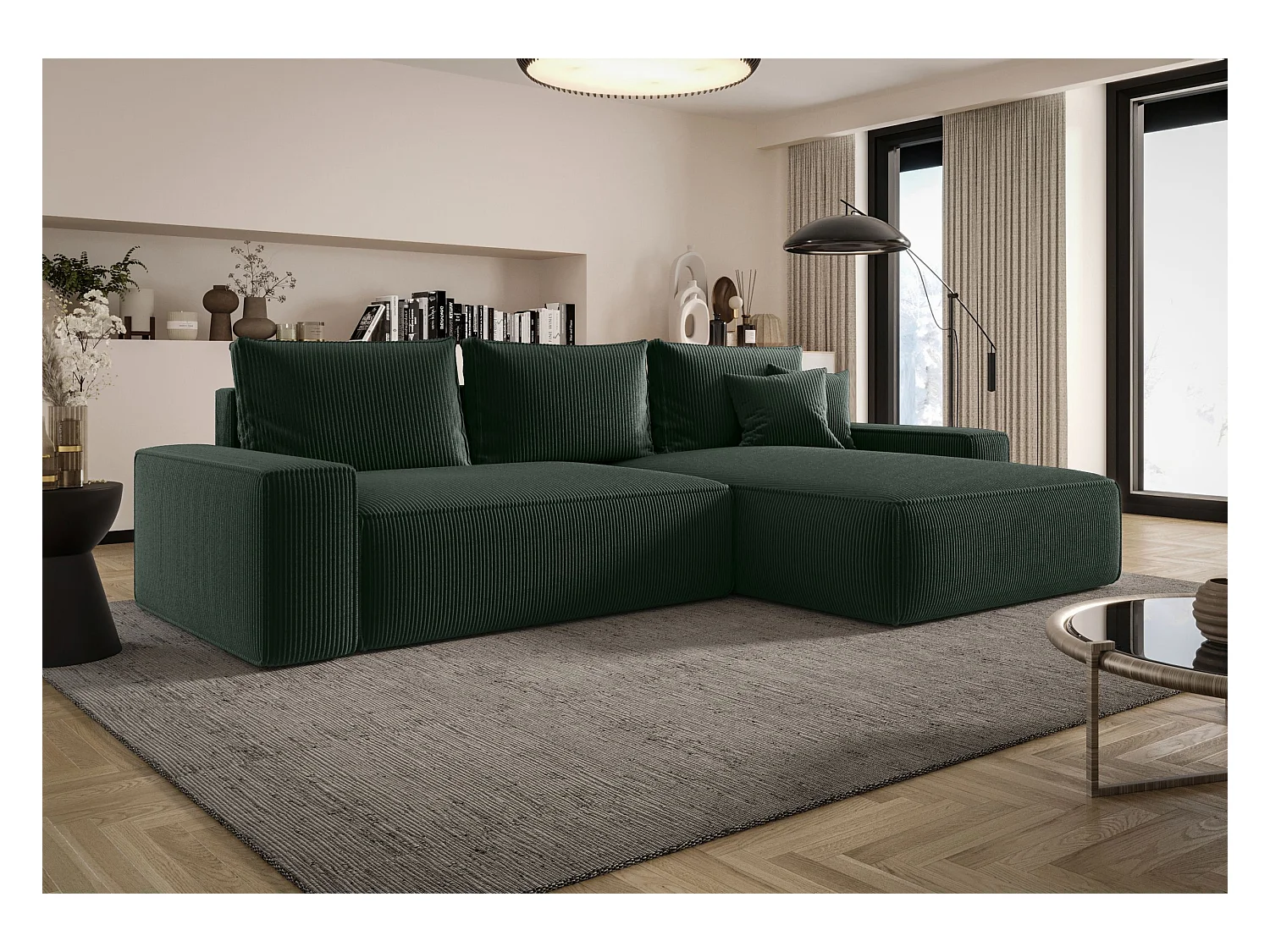 Narożnik MONA z funkcją spania POSO 14 ciemnozielony prawy sofa w kształcie litery L z pojemnikiem na pościel kanapa do salonu sofa rozkładana