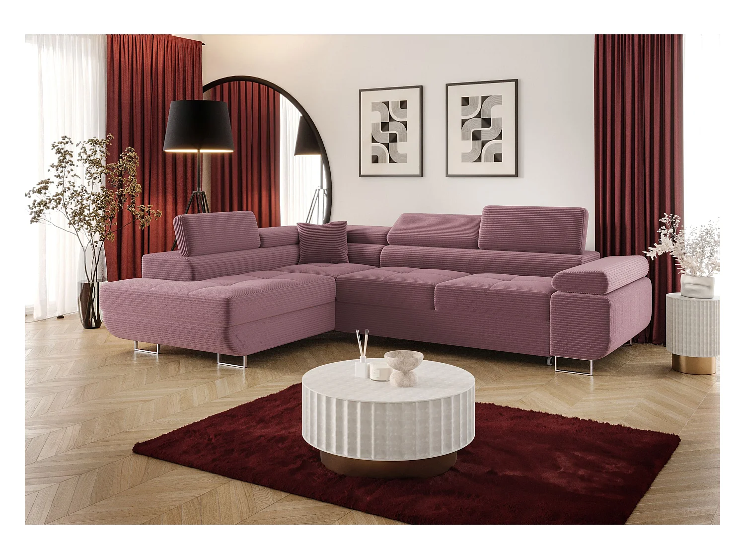 HOEKBANK EMILY met slaapfunctie Poso 130 Paars Links L-vorm bank met opbergruimte, slaapbank, woonkamerbank